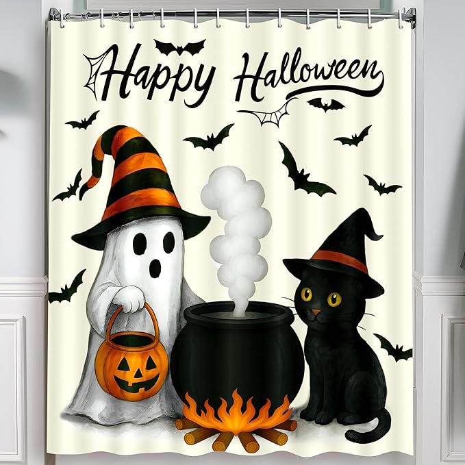 Halloween Bathroom Decor Ghost Cat Pumpkin Shower Curtain Spooky Decorations with 12PCS Hooks 72x72 Inch