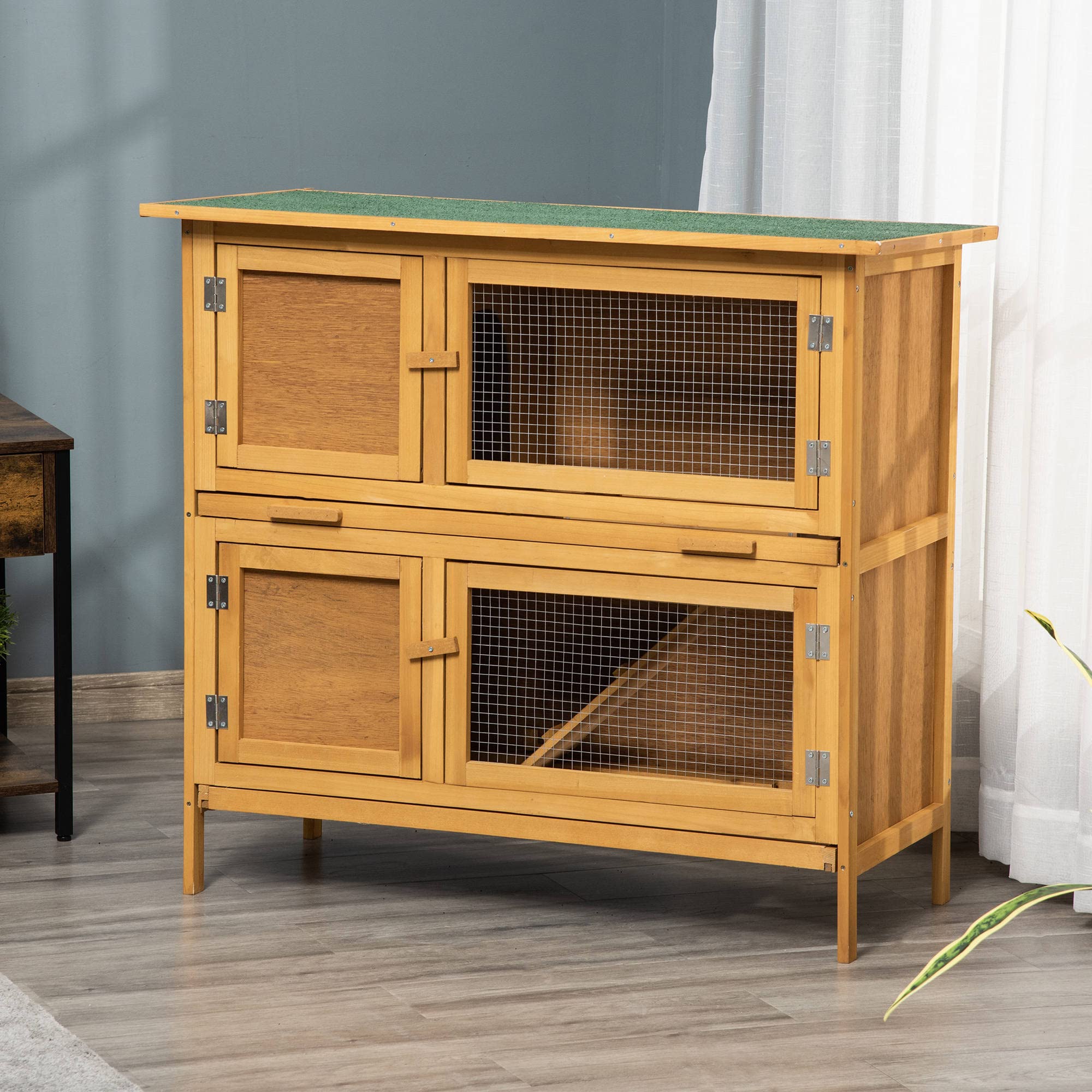 PawHut Wooden Rabbit Hutch Bunny Cage Small Animals Habitat with Ramp