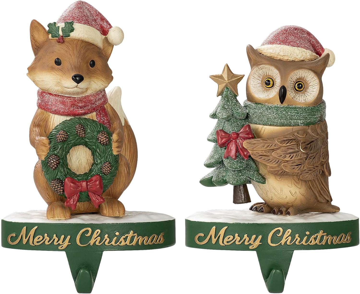 Christmas Stocking Holder Set for Mantle Christmas Holiday Decorations Mantle Fireplace Topper Hangers Decorative Rezin Hanger (2 Pack,Fox & Owl)