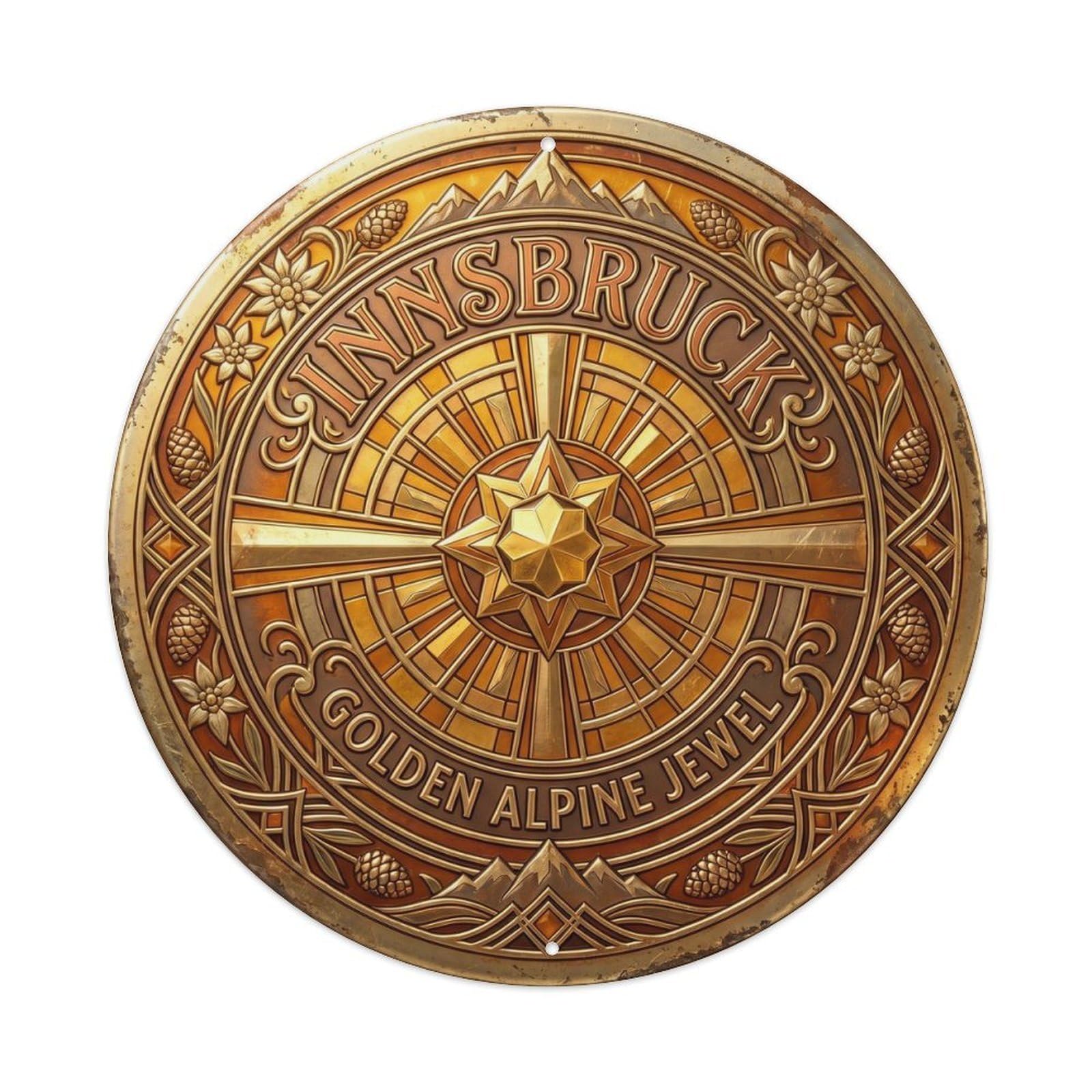 Roof Golden Lounge Landmark Artwork Metal Tin Sign Plaque Wall Decor for Cafe, Club, Garden Round Metal Poster 8x8Inch