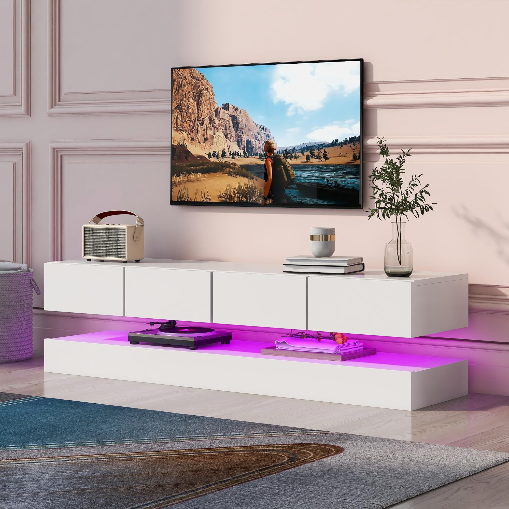 Meuble TV avec 2 armoires 4 tiroirs Mural avec éclairage LED Armoire Murale pour téléviseur Jusqu’à 55 Pouces Lowboard pour Salon Table TV Blanc