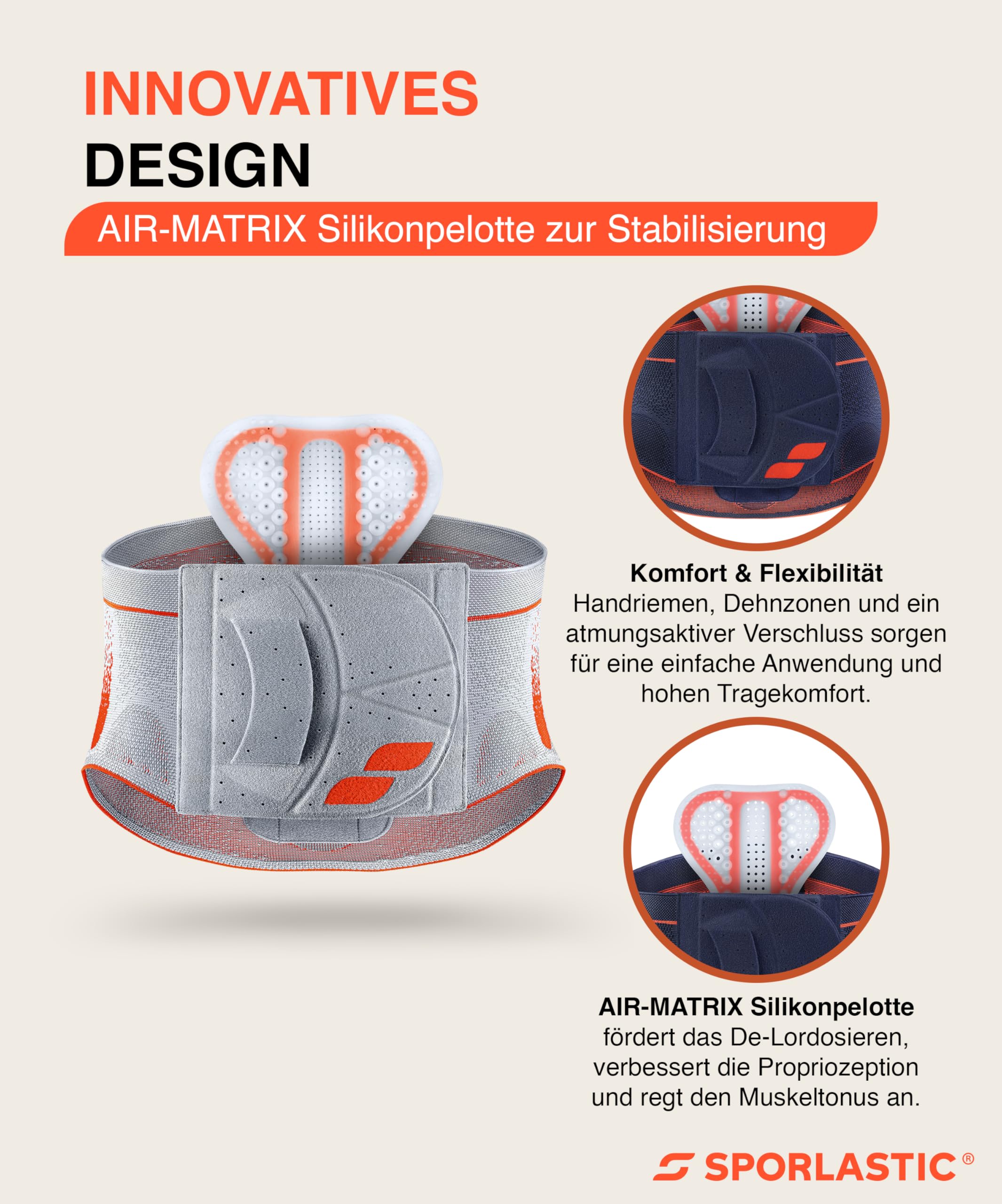 SPORLASTIC – VERTEBRADYN SUPREME SENSO Lendenwirbelstütze gerade – Orthopäd. Rückenbandage mit AIR-MATRIX Silikonpelotte zur Unterstützung der Lendenwirbel – LWS-Orthese – Orangeblue Größe S