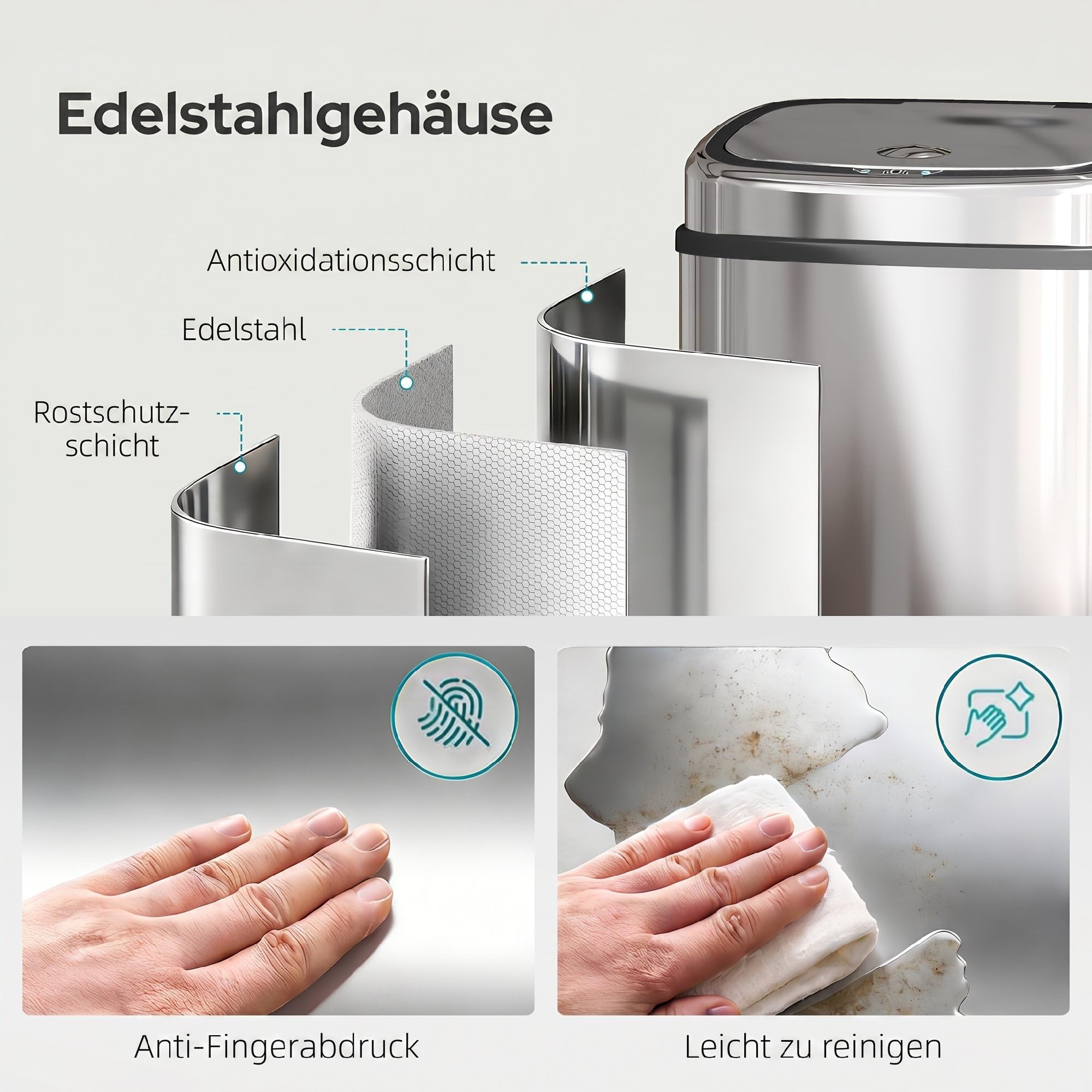 HOMCOM Sensor Mülleime 68Lr Automatik Bewegungssensor Edelstahl Silber | Wasserdichter Abfalleimer, für Büro, Schlafzimmer, Küchen