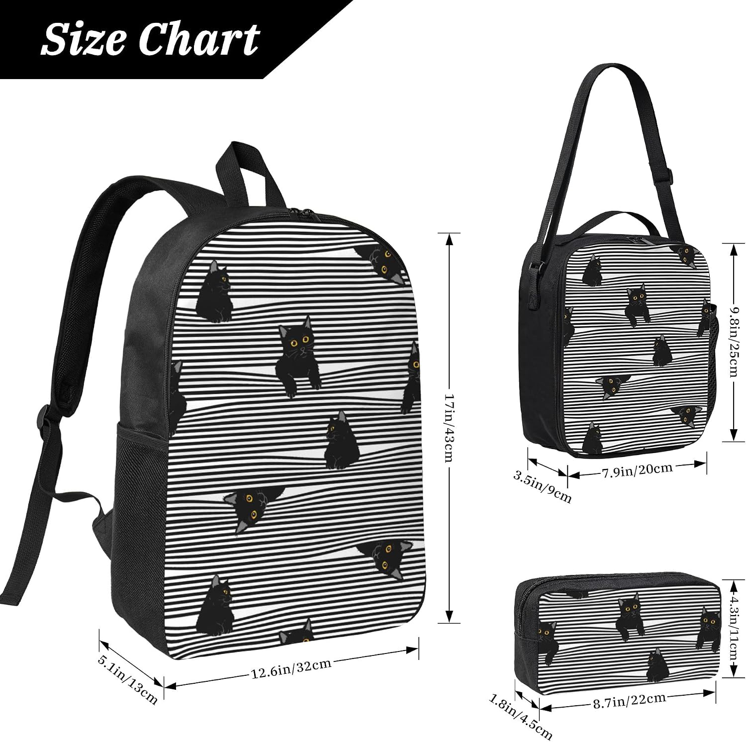 Cute Cat School Backpack Kids Girls Boys Teens 3PCS Bookbag with Lunch Box Pencil case Set Lightweight Bag