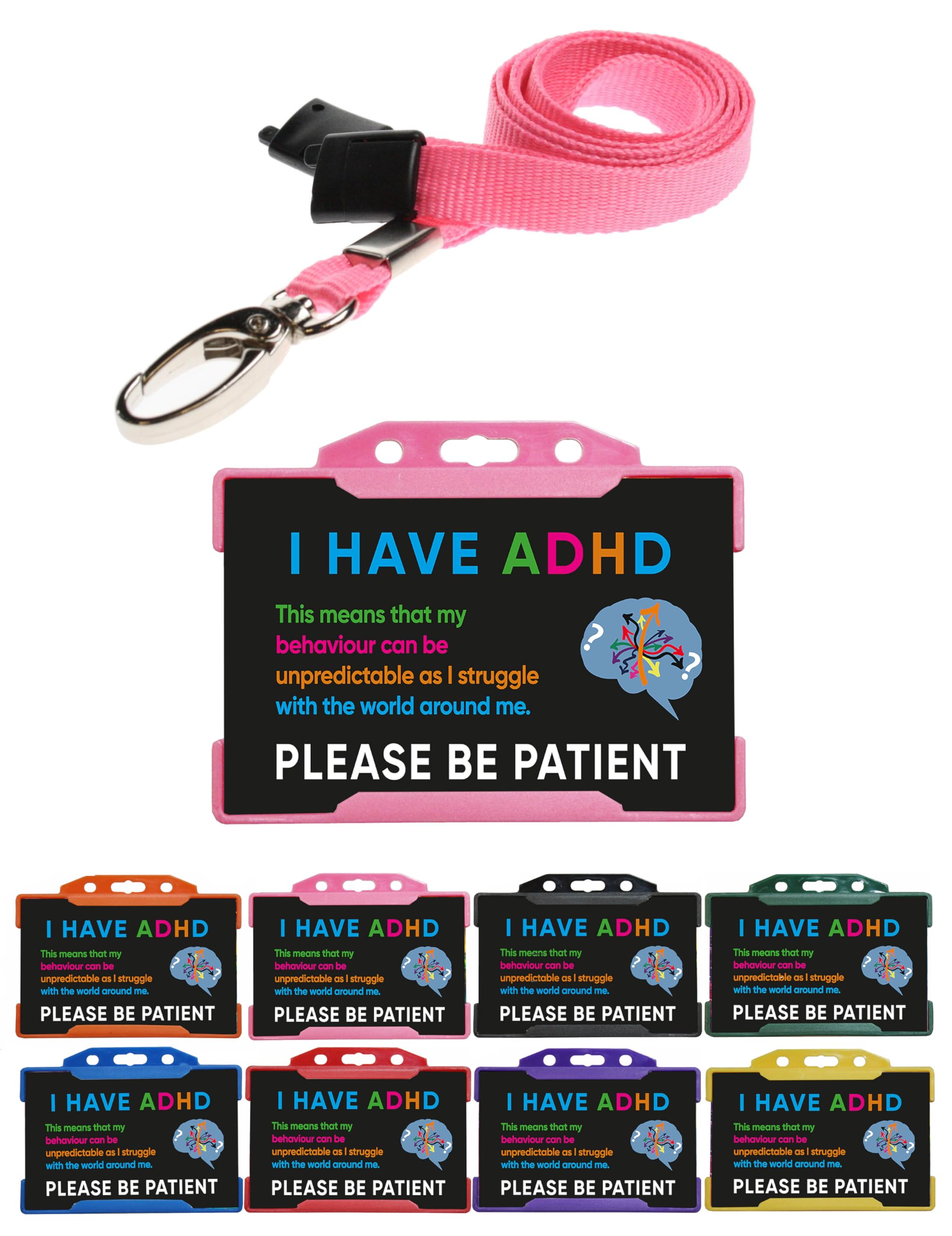 Quantum Leap ADHD Hidden Disability Lanyard Card Black I Have ADHD Please Be Patient Card with Pink Badge Holder & Lanyard