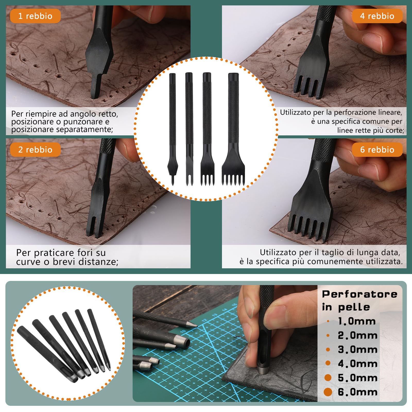 Kuppt kit cuir, kit couture cuir - Outils de Travail, poincon cuirs, Rivets, Tapis de Découpe Groover et Sac de Rangement