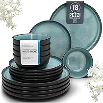 Servizio Piatti Ibiza in Grès per 6 Persone, 18 Pezzi Set Piatti Moderni Compatibile con Lavastoviglie e Microonde – petrolio scuro – Set da Tavola e Cucina di Pure Living