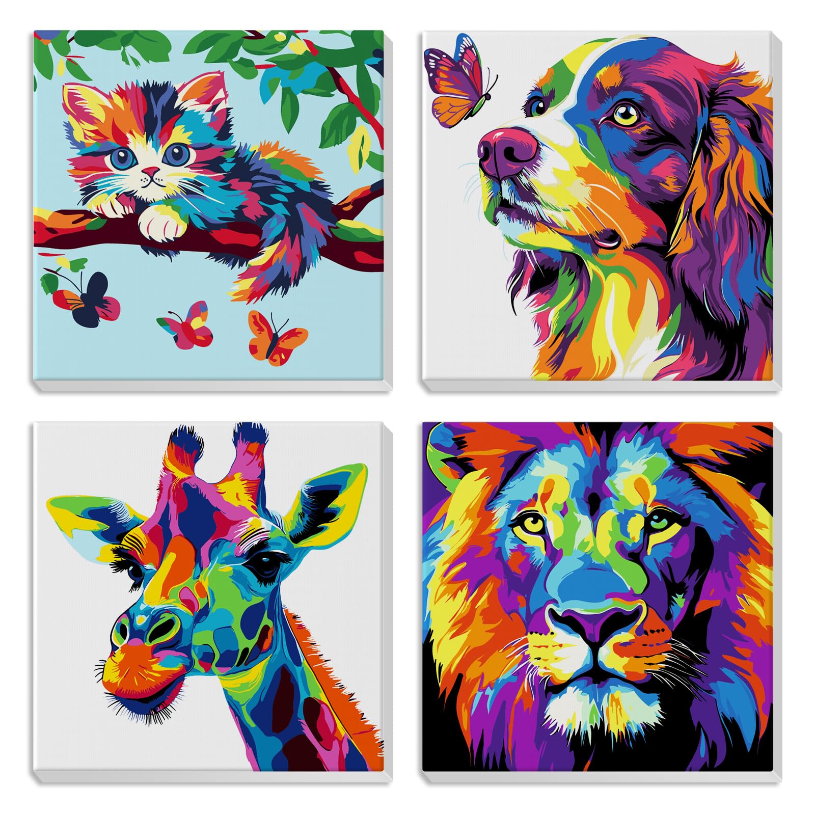 MXJSUA 4 Pack Paint by Numbers Kit for Kids with Frame, Animal Kids Paint by Number for Ages 6-8-12, Cat Dog Giraffe Lion Pattern on Canvas, DIY Acrylic Oil Paints for Home Wall Decor 20x20cm