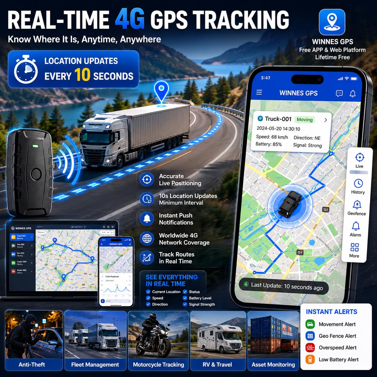 TKMARS Traceur GPS Voiture 4G Longue Autonomie 6 Mois, Suivi en Temps Réel, Aimanté, Étanche IP67, Plusieurs Alertes pour iOS/Android TK918