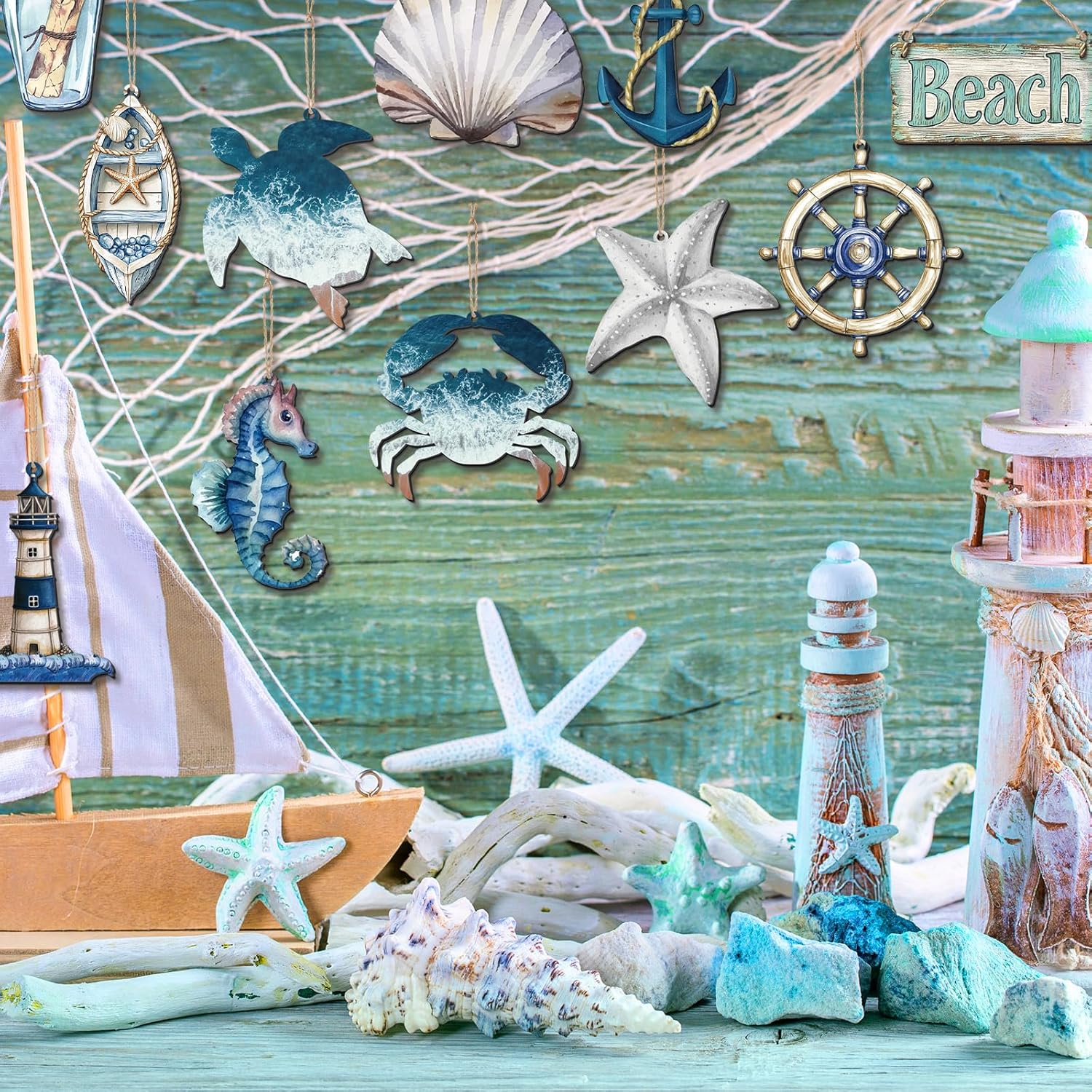 20 Pcs Ocean Metal Ornaments Ocean Beach Coastal Nautical Navigation Ornaments for Tree Starfish Seahorse Sea ​​Turtle Hanging Decorations for Summer Party Xmas Hanging Decor