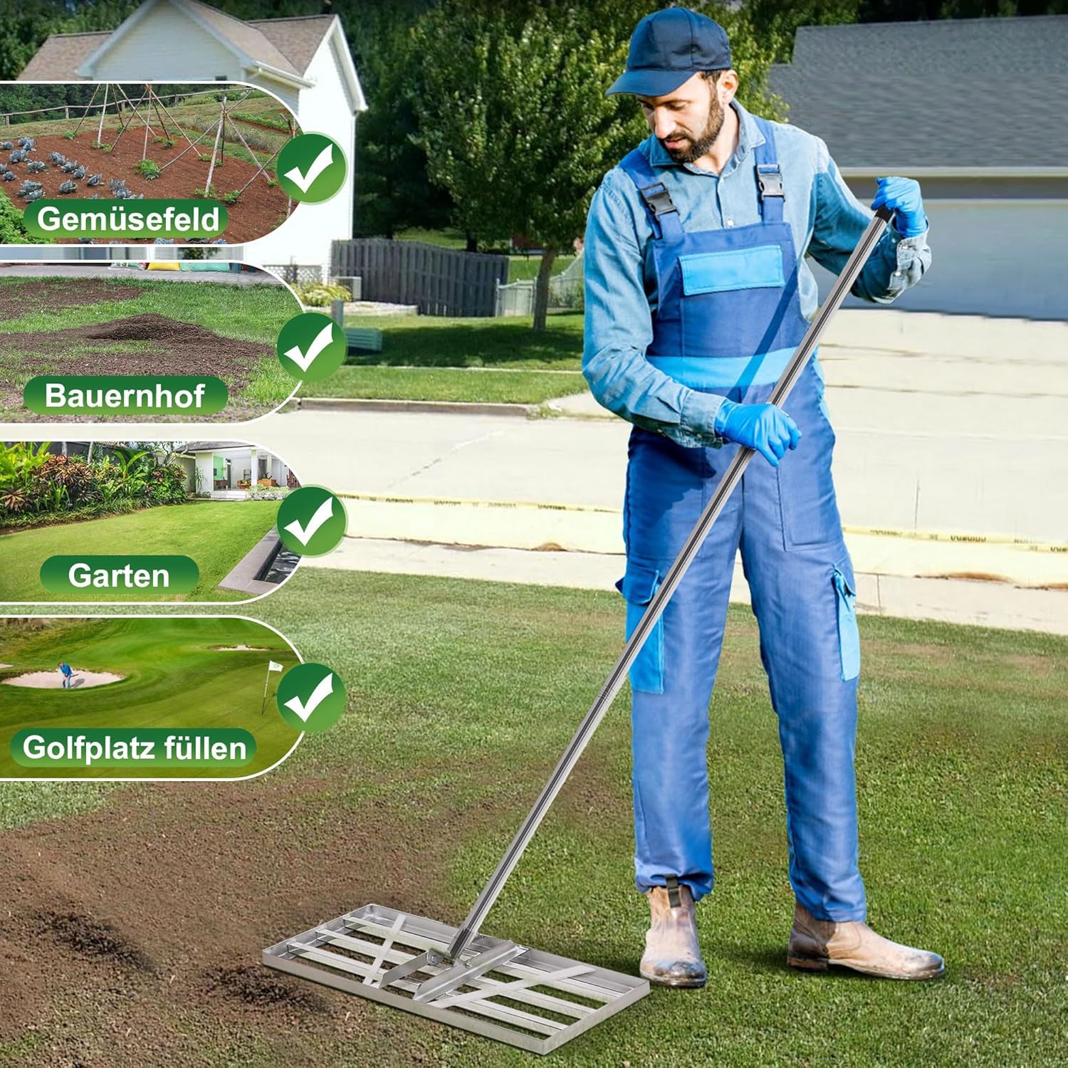 85*35cm Edelstahl Rakel Rasen mit 2m Einstellbare Stiel Rechen Rasenrechen | Nivellierrechen Sanden Topdressing Flächen Lawn Leveler Flächenebner Rasenschieber Levelingrake für Hof Garten Golf