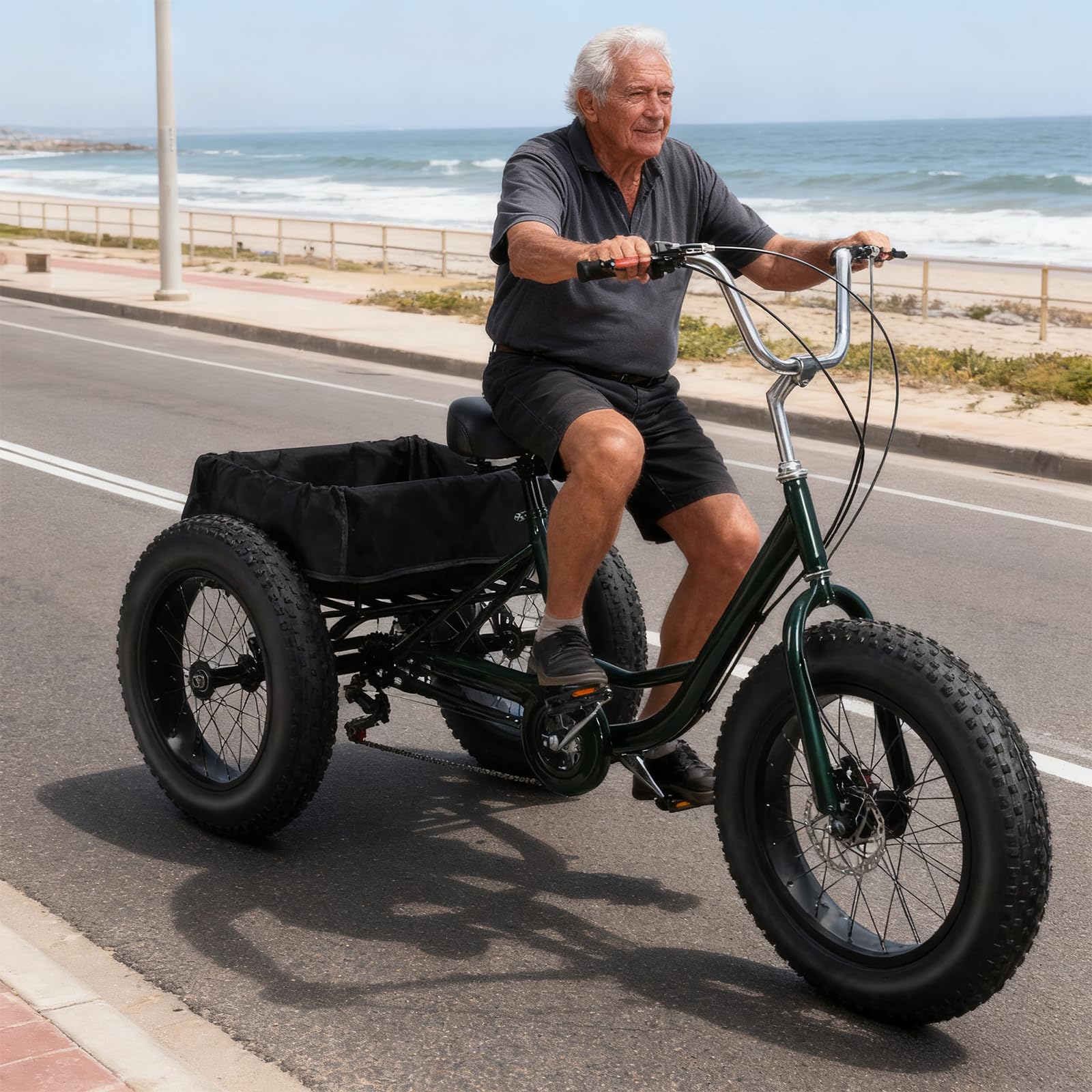 Masiunoz 20 Inch Fat Tire Tricycle for Adults,7 Speed Adults Tricycle with Dual Disc Brakes, Rear Cargo Basket, Adjustable Handlebars, Shock Absorbing