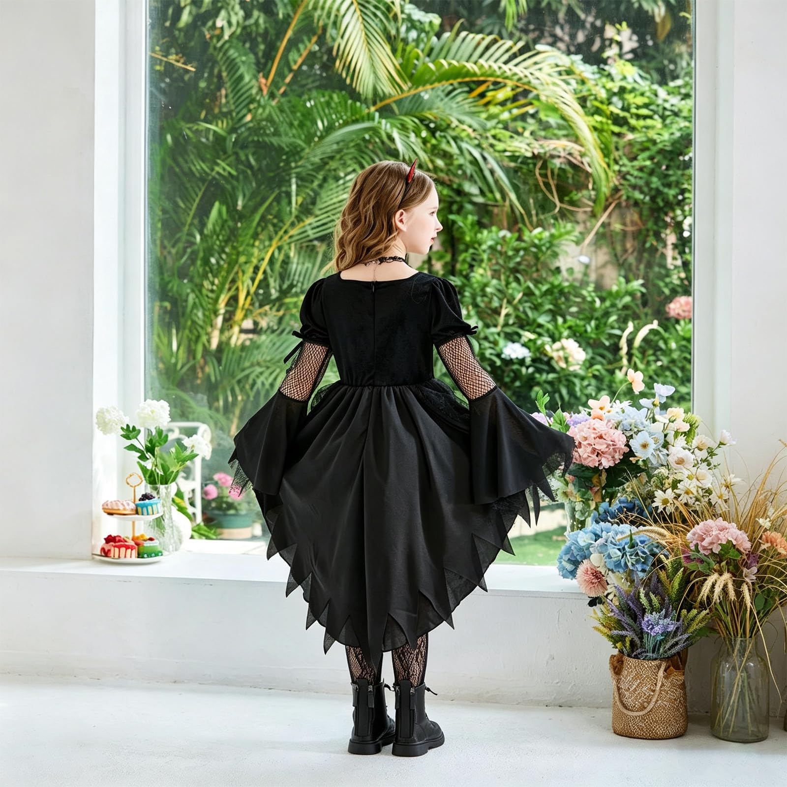Costume da Malefica Bambina, Costumi da Cosplay Malefica Regina Strega Cattiva Halloween con Vestito Strega, Calze, Cappello da Strega E Collana