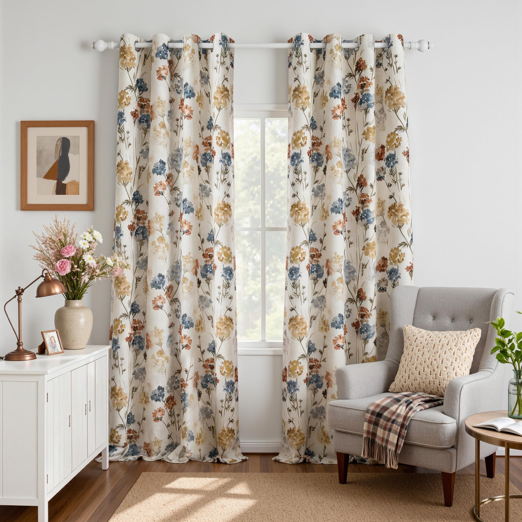 MYSKY HOME Floral Linen 100% Blackout Curtains 95 Inches Long 2 Panels for Living Room Bedroom Double Layer Thermal Insulated Farmhouse Flower Patterned Grommet Window Treatments, Yellow, 52" W Each