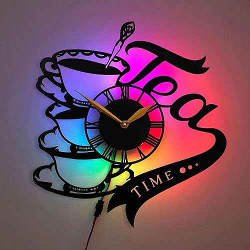 Tea Time - Reloj de pared LED para los amantes del té, decoración única de taza de té para cocina, arte de pared para la hora del té, color negro