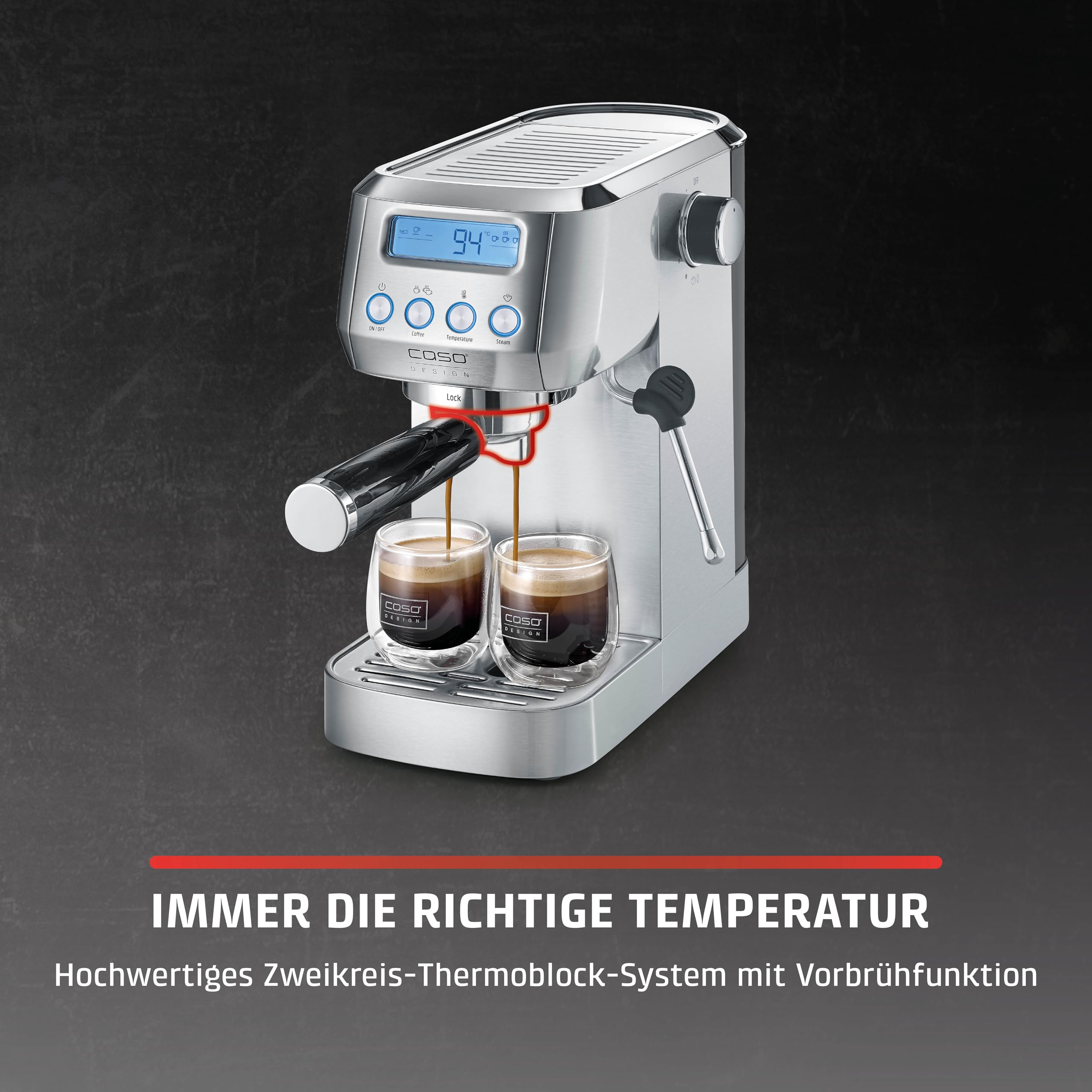 Caso EspressoGourmet Crema - Siebträgermaschine, Espressomaschine, mit Milchaufschäumer, Espresso, Cappuccino, Siebträger aus Edelstahl, 20 bar ULKA-Pumpe, Kaffeemaschine Kaffeepulver, ESE Pads