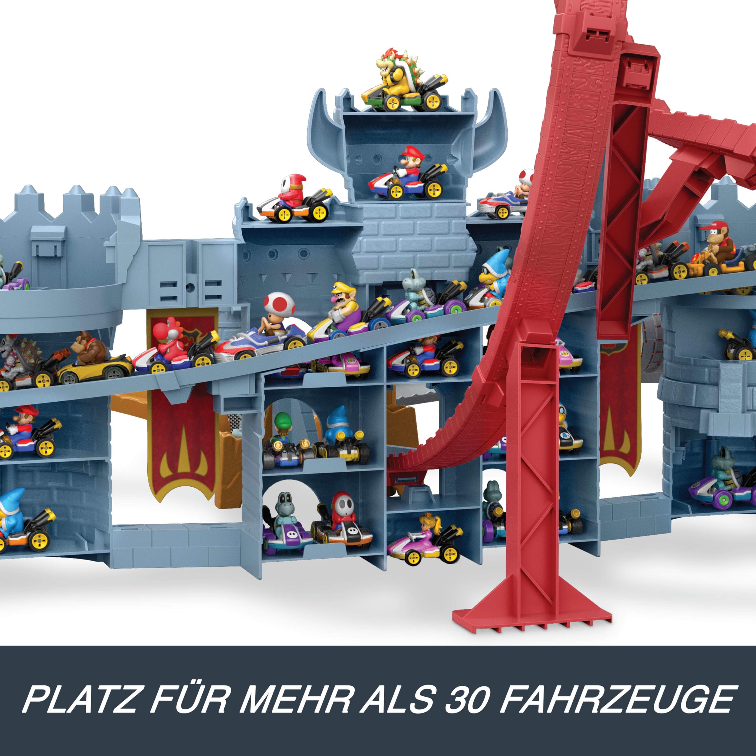 Hot Wheels Spielzeugauto Trackset Mario Kart Bowsers Festung Spielset & Die-Cast-Kamek im Maßstab 1:64, interaktives Spielen, mit Platz für über 30 Fahrzeuge, JHD24 | Spielzeugautobahn-Set mit 1:64 Maßstab Die-Cast Spielzeugkart, interaktives Spielen, mit