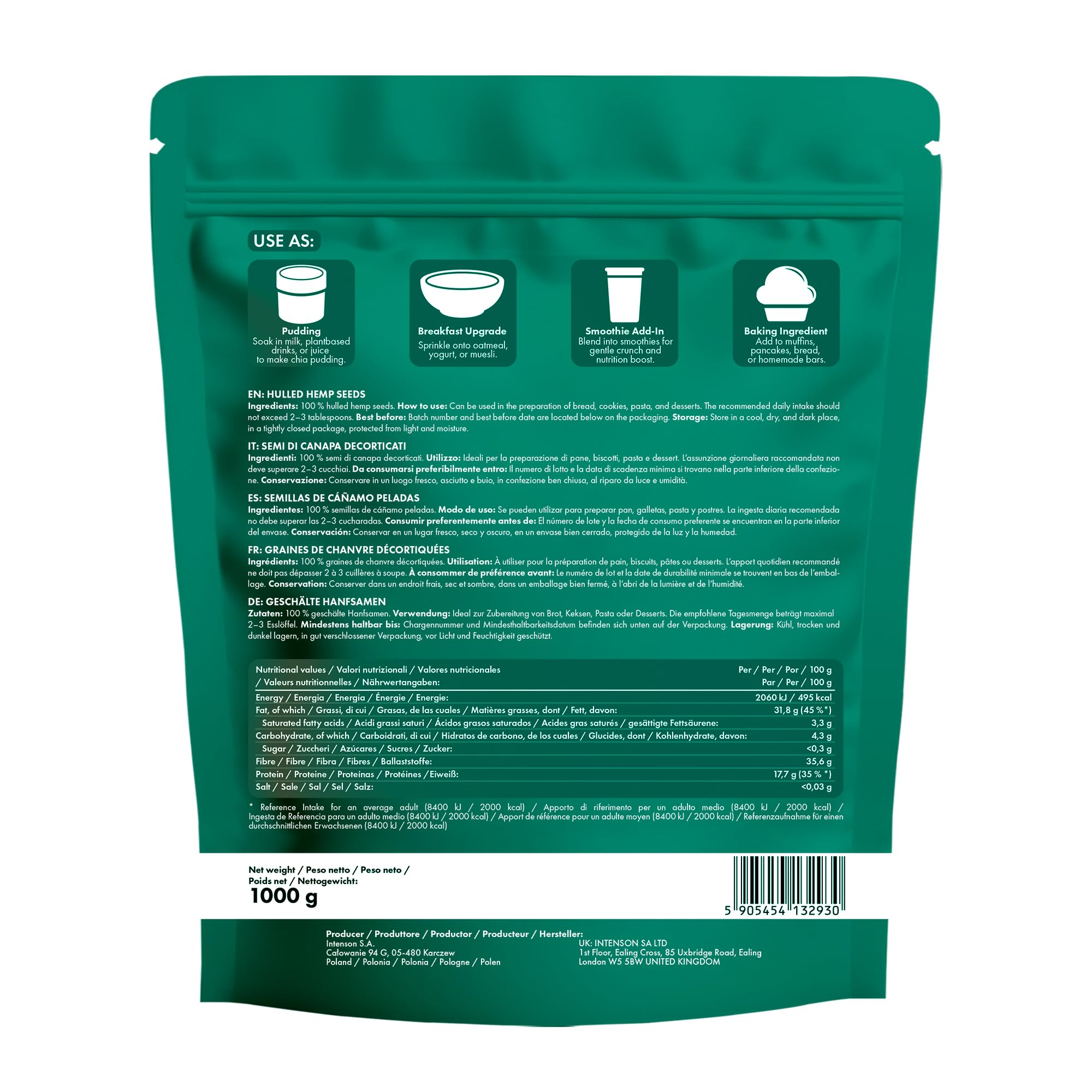 Intenson Semillas de Cáñamo Peladas, 500 g, Rico en Proteína | Rico en Ácidos Grasos, Veganas y Apto para Dieta Keto, Naturalmente Sin Gluten, Sin Aditivos
