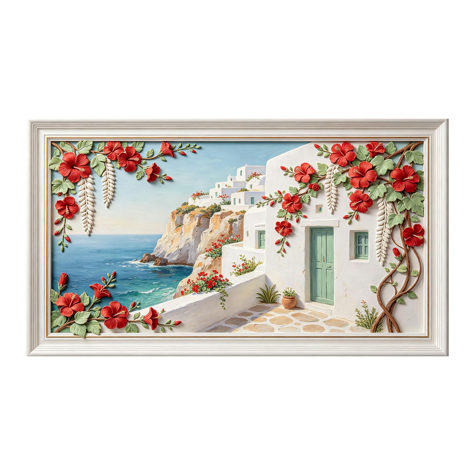 Murasolite 3D Framed Wall Art Mediterranean Coastal Village Floral Relief Oil Painting SelfAdhesive Fabric Mural Wall Decor,No Damage to Wall,AntiFall Safe Design for Bedroom Living Room