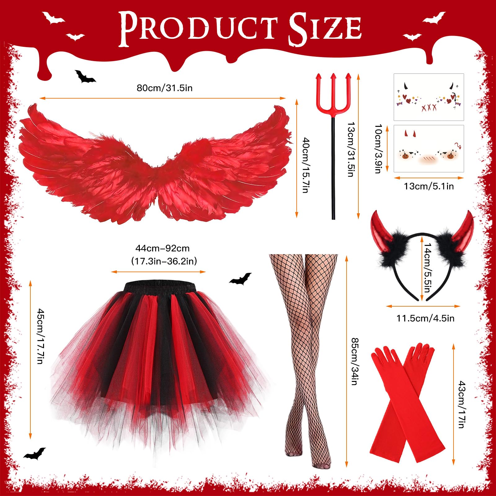 Costume Angelo Halloween Costume Donna con Ali Rosse Corna Forcone Diavolo Guanti Calze a Rete e Gonna Tutù, Ali Angelo Rosse Costume Diavolo per Adulto Bambino Feste di Halloween Carnevale