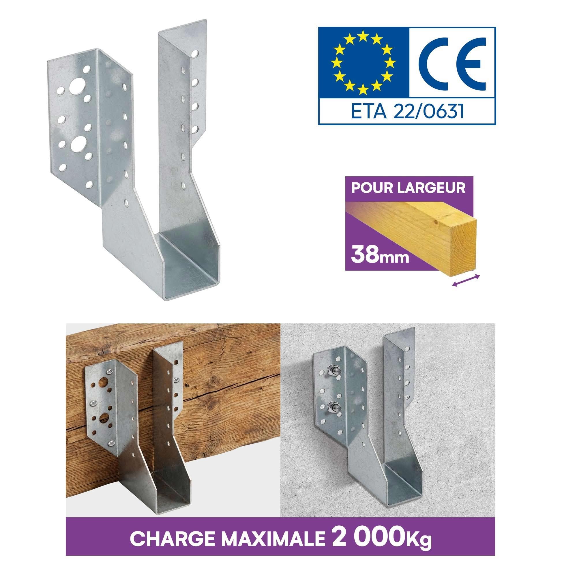 10 sabots de charpente à ailes extérieures - Connecteurs de poutres - Acier galvanisé - Larg 38 x Ht 143 mm - Fabriqué en Europe