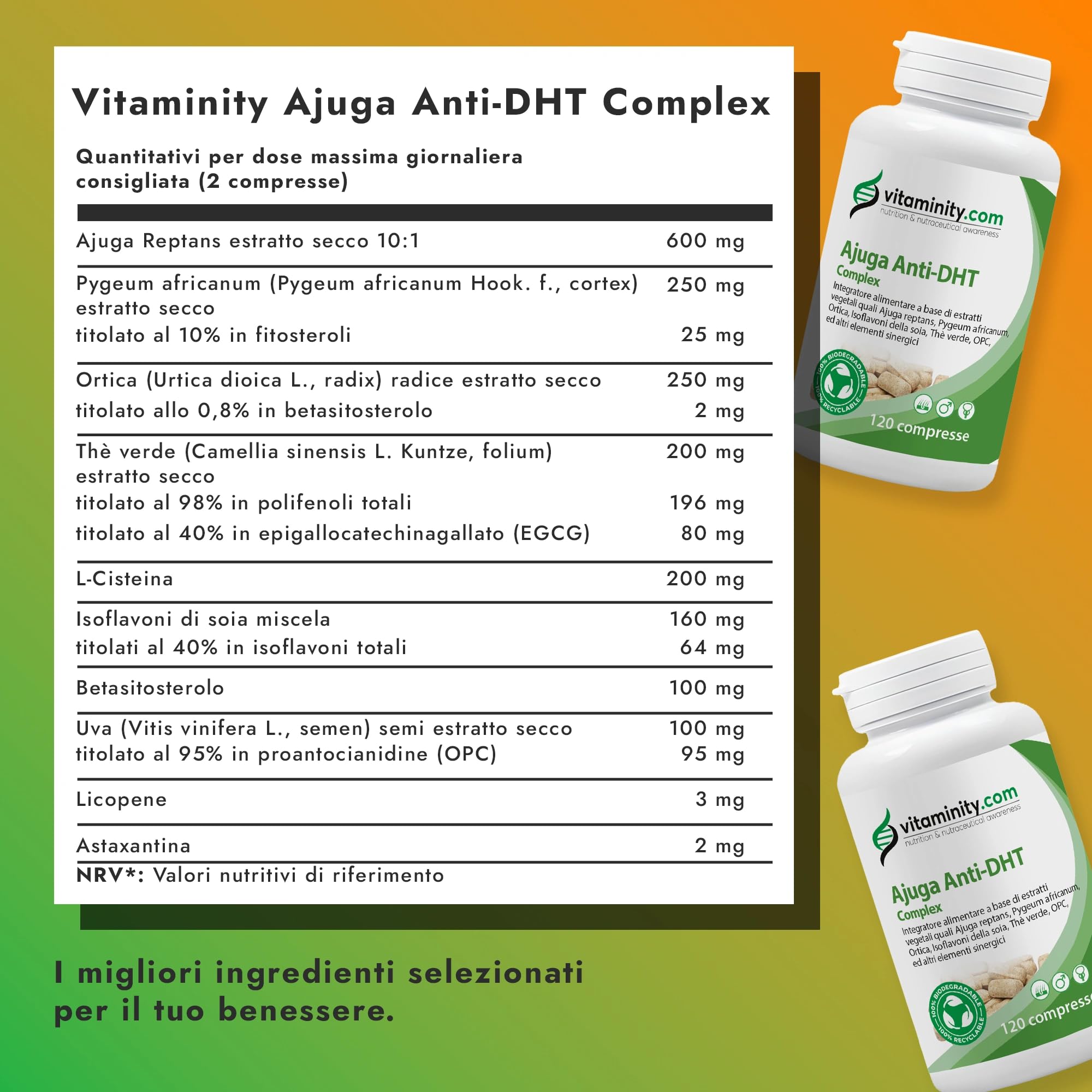 Vitaminity Ajuga Anti-DHT Complex, Integratore per calvizie e prostata, a base di Ajuga e altri estratti vegetali anti-DHT - Formato da 120 compresse
