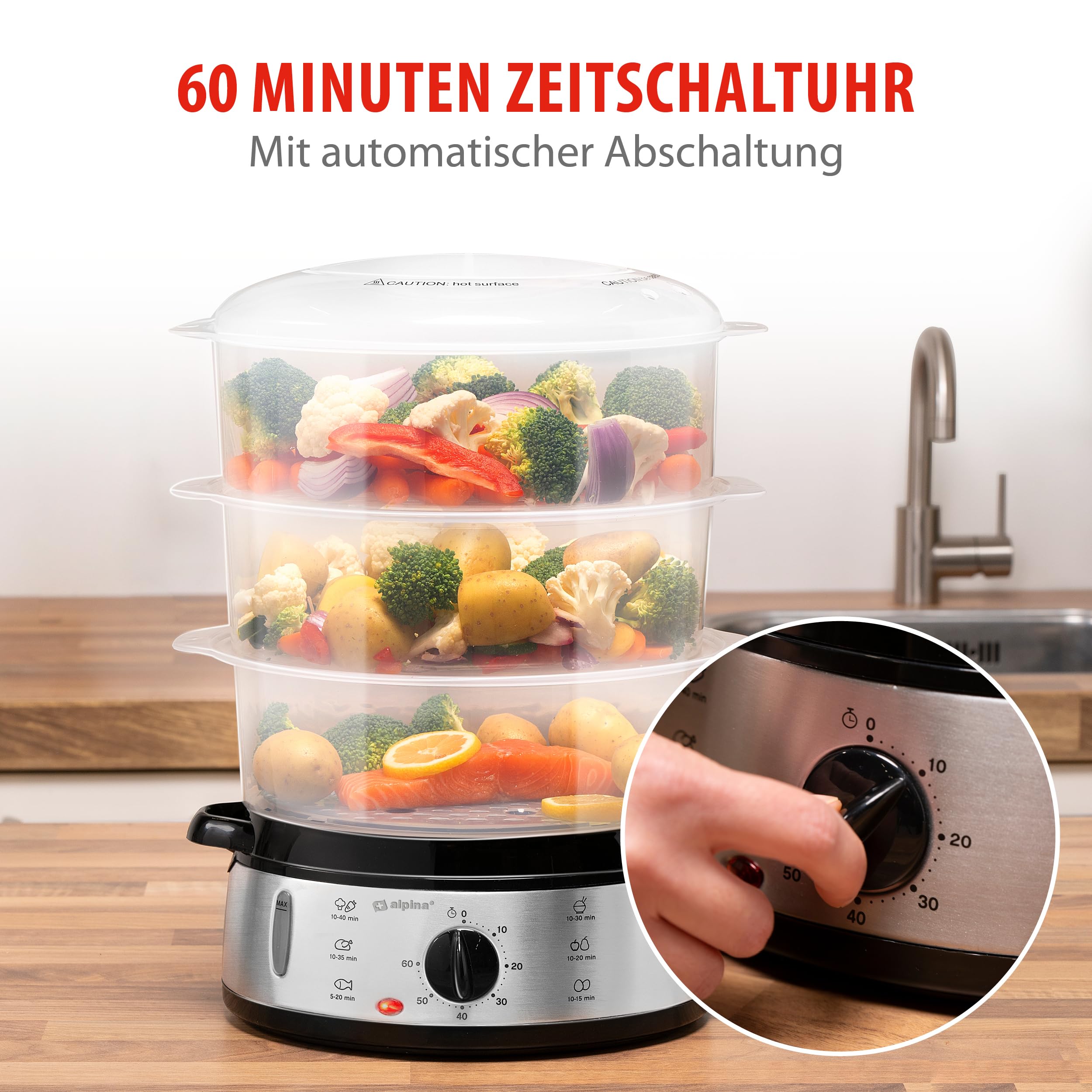 Alpina Dampfgarer Elektrisch 800W 9 Liter BPA Frei Reiskocher Spülmaschinenfest Grau