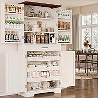 IRONCK 72" Farmhouse Kitchen Pantry Cabinet with 6 Door Shelves, 3 Sliding Racks & Drawer, White Freestanding Storage