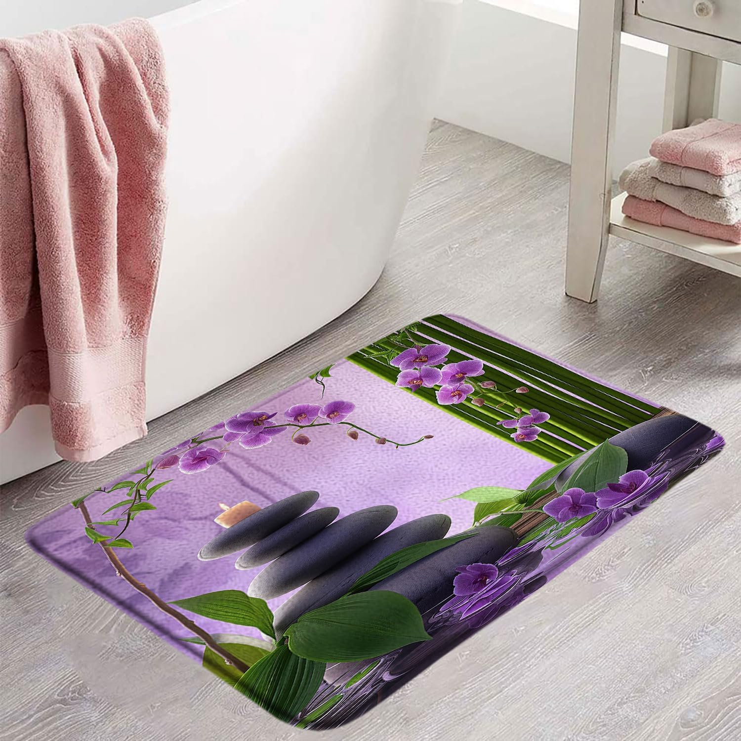 Zen Garden Bath Mat Purple Orchid Flower Green Bamboo Black Stone Spa Nature Asian Japanese Microfiber Memory Foam Bathroom Rug Doormat Kitchen Toilet Floor Rug