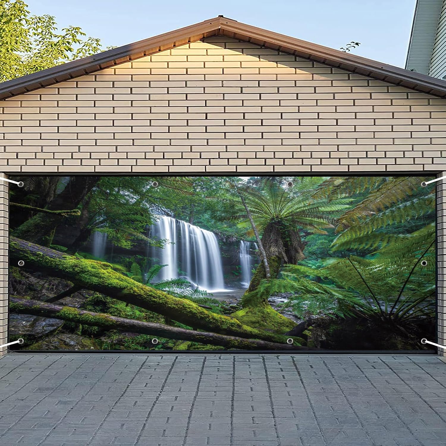 CSFOTO 7x16ft Forest Falls Garage Door Decoration Banner Tropical Forest Woodland Green Plants Trees Decoration Mural Large Garage Door Cover Natural Landscape Interior Decoration Wallpaper