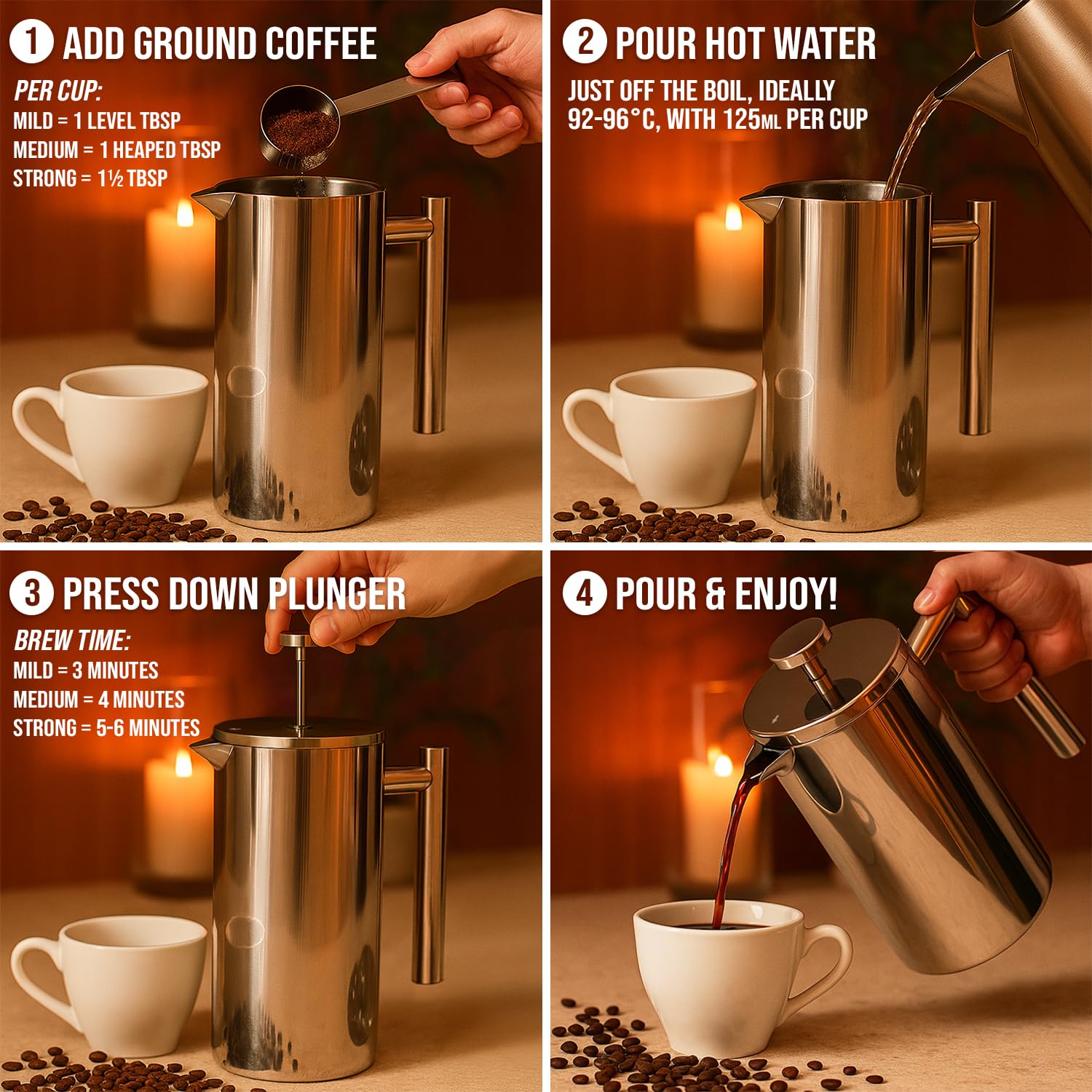 Red Ember Prasa francuska ze stali nierdzewnej 1L Cafetiere – Ekspres do kawy z podwójną ścianką izolacyjną, nietłukący się i odporny na rdzę z 3-warstwowym filtrem dla gładkiego, bogatego naparu