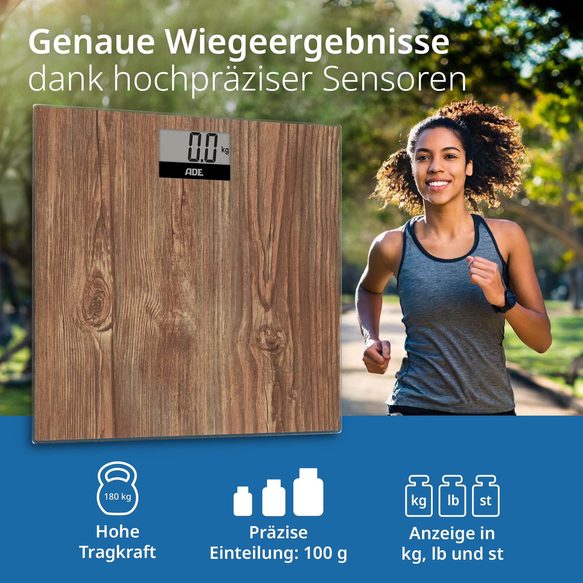 ADE Digitale Körperwaage in gemütlicher Holzoptik | großes Display | rutschhemmende Wiegefläche aus Sicherheitsglas | genaue Wiegeergebnisse