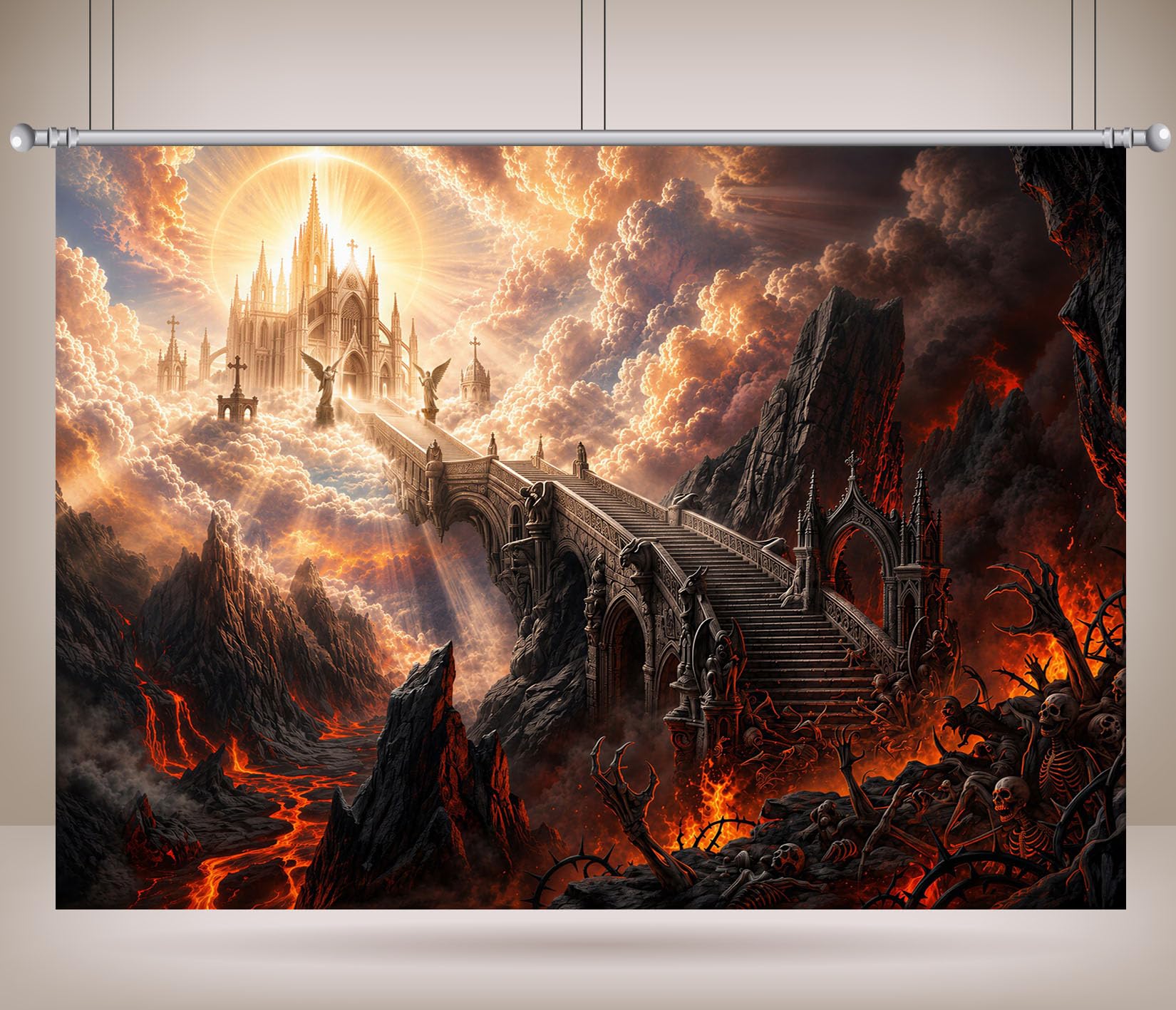 12x10FT (3.6x3m) Castello Infernale In Fiamme Sfondo Fotografico | Cittadella Di Lava Fondale In Tessuto,Ponte Ardente Teschi E Nuvole Tempestose,Feste Halloween,Personalizzabile,Photo Booth