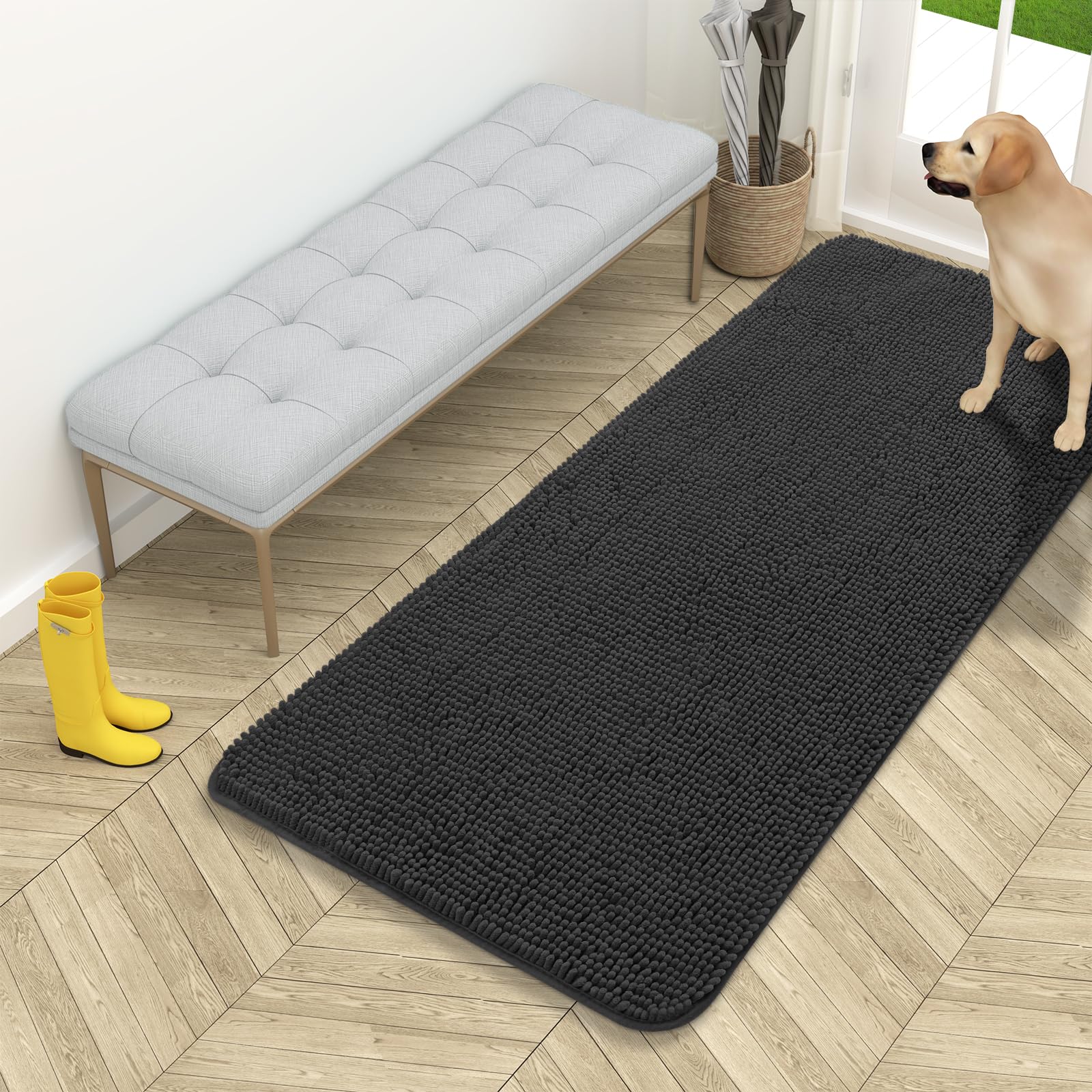 OLANLY Dog Door Mat for Muddy Paws 54x24, Absorbs Moisture and Dirt, Absorbent Non-Slip Washable Doormat, Quick Dry Chenille Mud Mat for Dogs, Entry