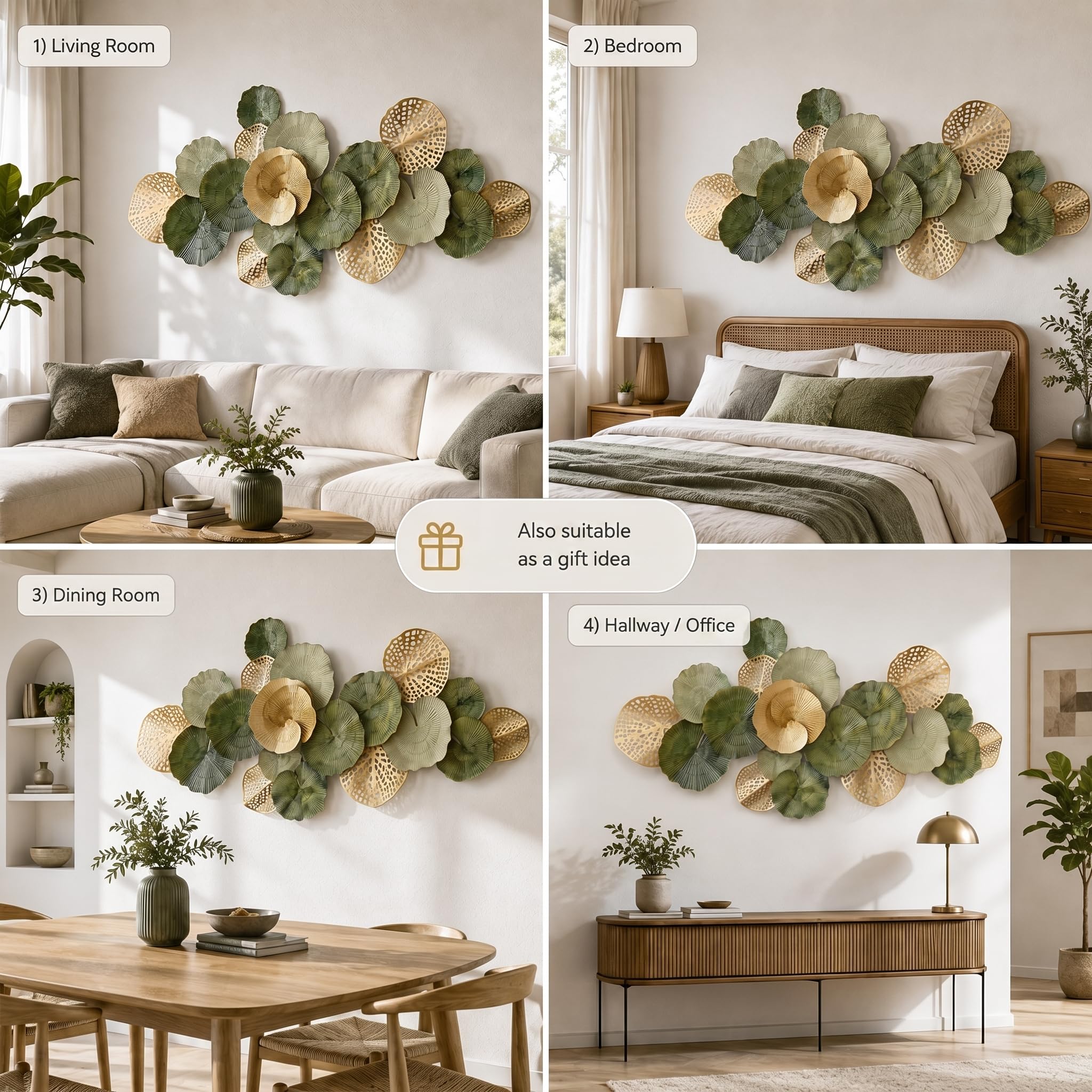 Genérico Adorno de Pared Metálico Grande,Decoración 3D Hojas de Loto | Se Cuelga Horizontal o Verticalmente,Fácil de Limpiar,Apta para Dormitorio,Comedor y Pasillo - 130CM