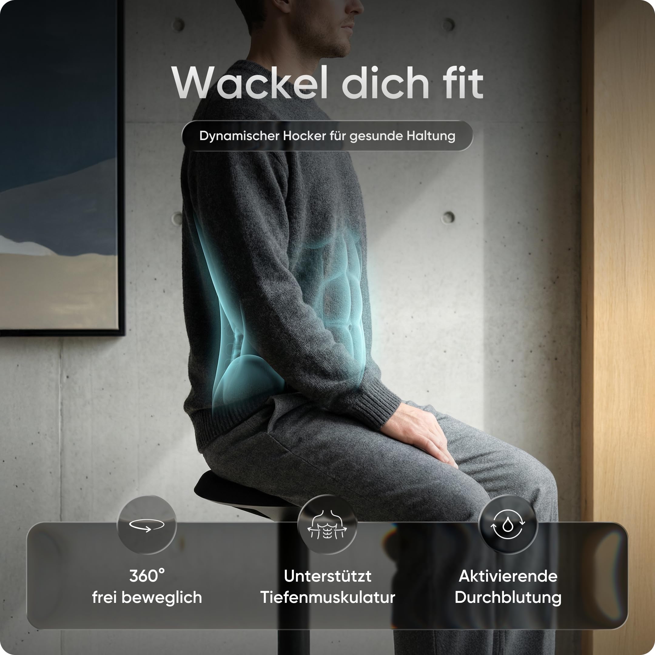 Motion Sitzhocker - Stehhocker höhenverstellbar, ergonomischer Hocker bis 140kg mit CushCloud-Polsterung, Gasfeder & 3D-Sitzmechanik, Bürohocker ergonomisch, Wackelhocker Stehstuhl (Schwarz)