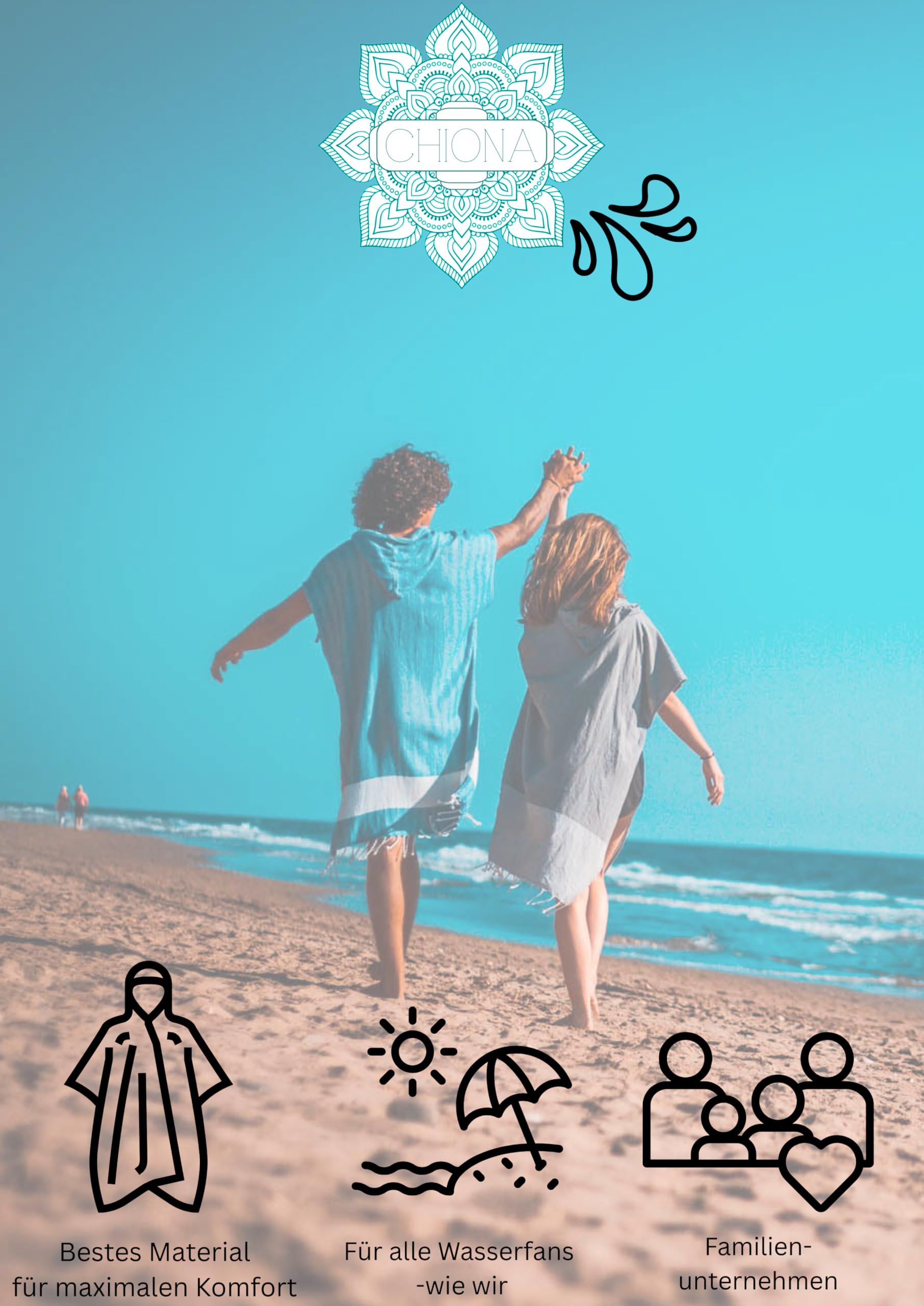 Surfponcho für Damen Herren 100% Baumwolle Hamam Oversized handgewebt Kapuze Strand Camping (Sand)