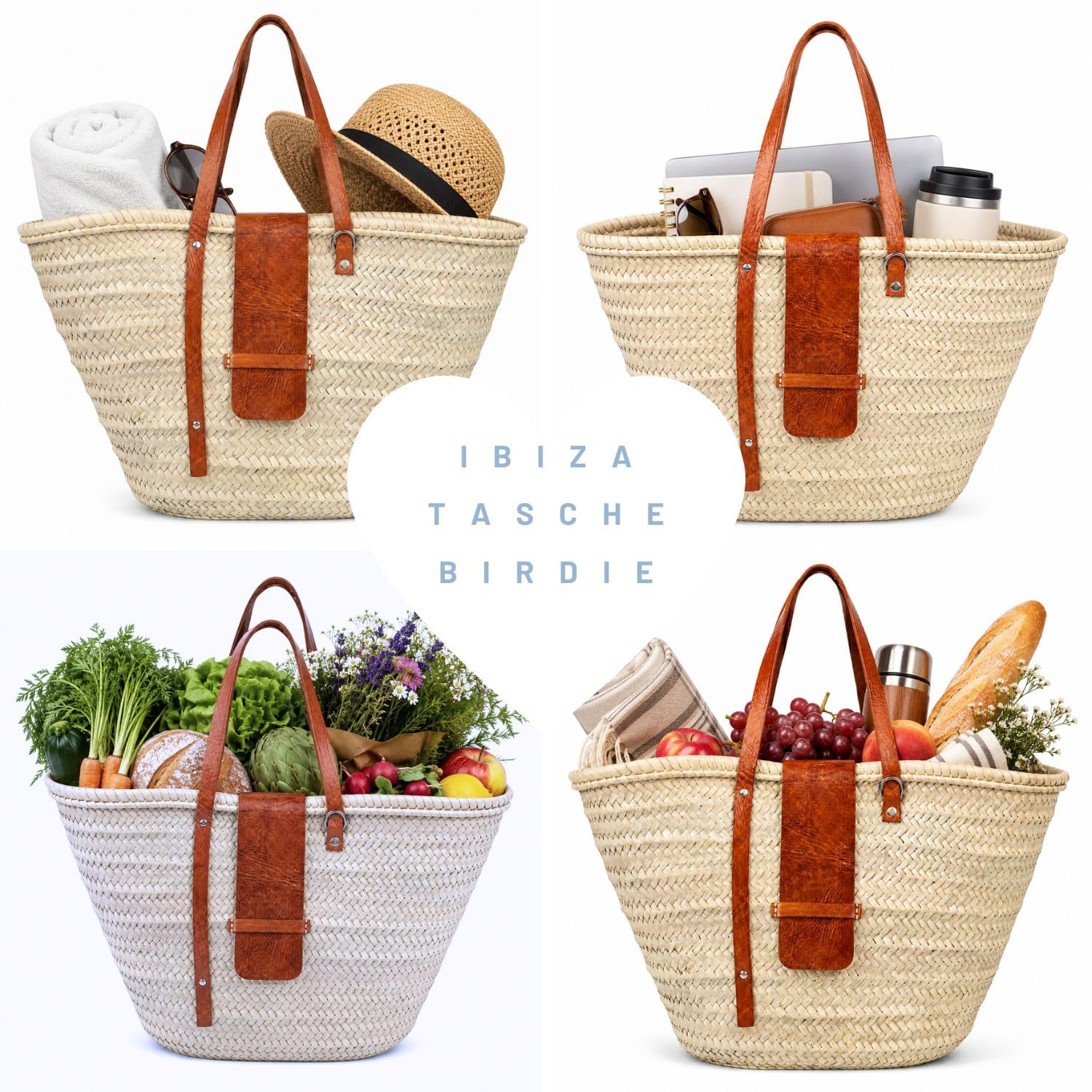 Ibiza Birdie - Bolso de mimbre (55 cm), diseño de hoja de palma y piel natural