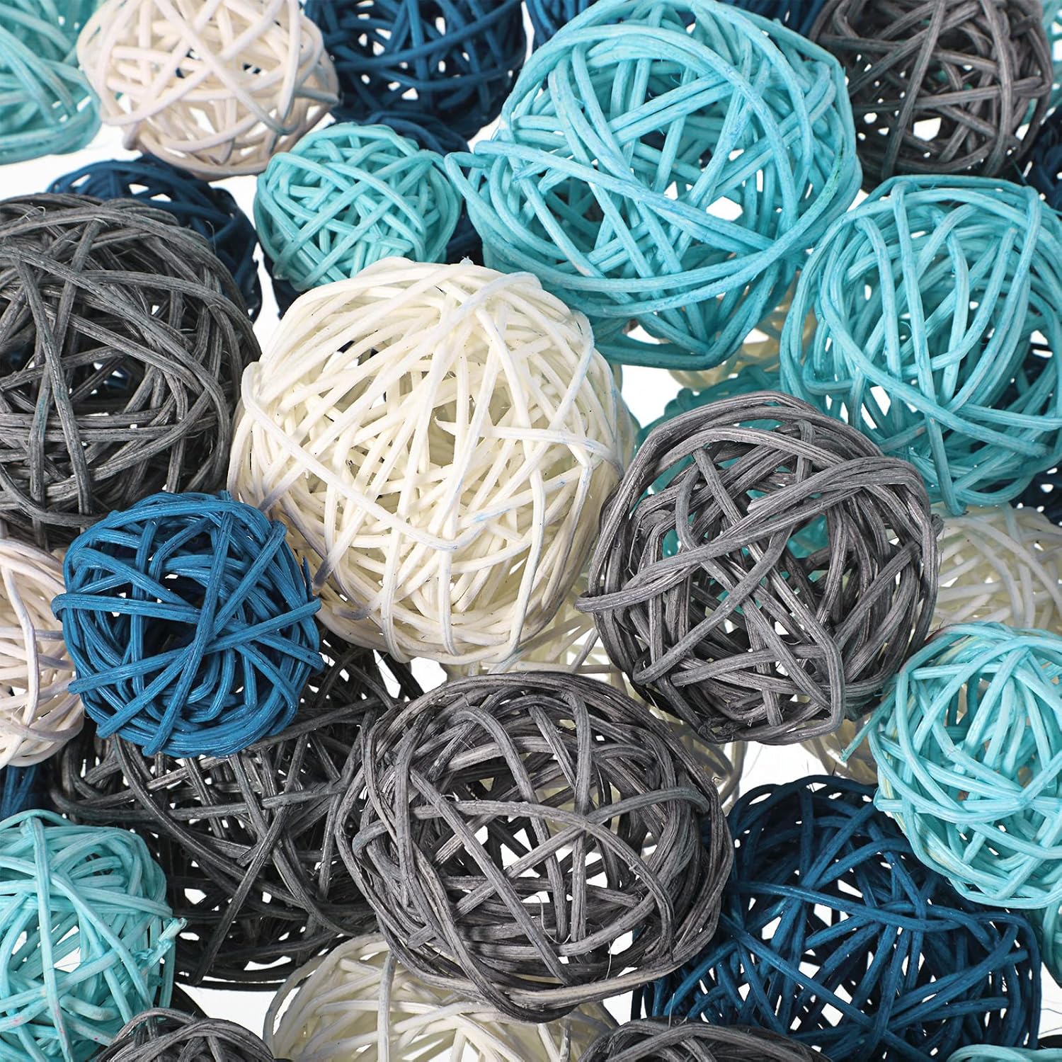 Patelai 72 Pcs Wicker Rattan Balls Decorative Balls for Vase Centerpiece Bowls Orbs Filler for Spring Summer Craft Home Decor, 4 Sizes(Dark Blue, Sky Blue, Gray, White)