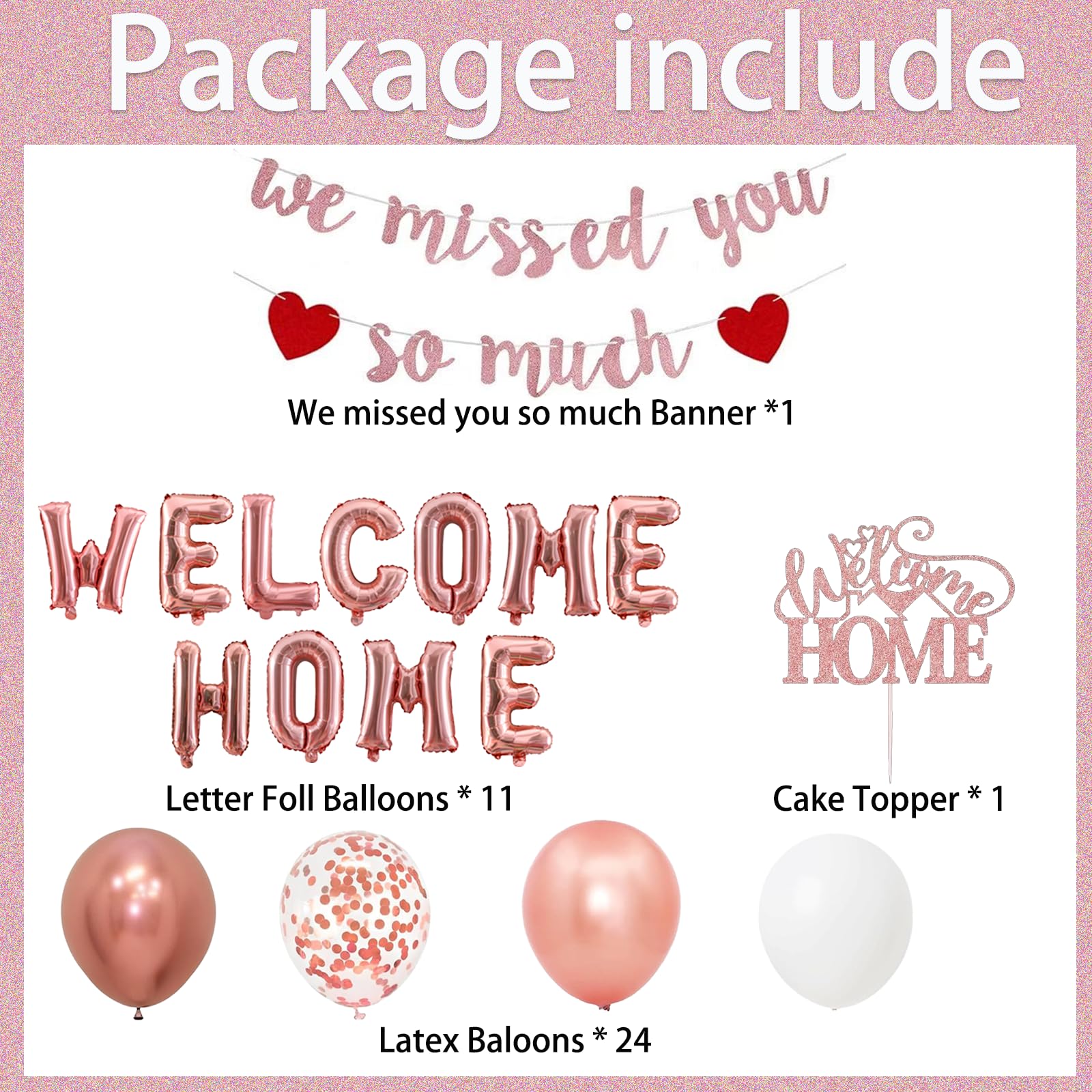 Welcome Home Decoration Set - "We Missed You" Banner, Foil Balloon & Latex Balloons for Baby Shower Party Decorations (Rose Gold) - Image 2