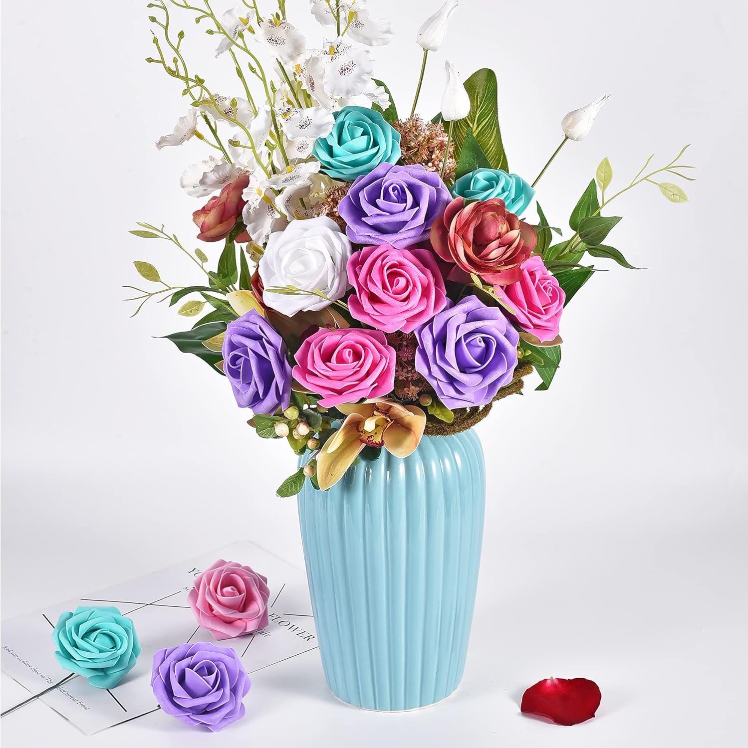 25pcs Artificial Flowers Roses, Fake Roses with Stem for DIY Wedding, Party, Valentines Day Gifts,, Home Decorations,Home Flower Arrangement Decorations,Wedding Bouquets (Rose Red, 25pcs)