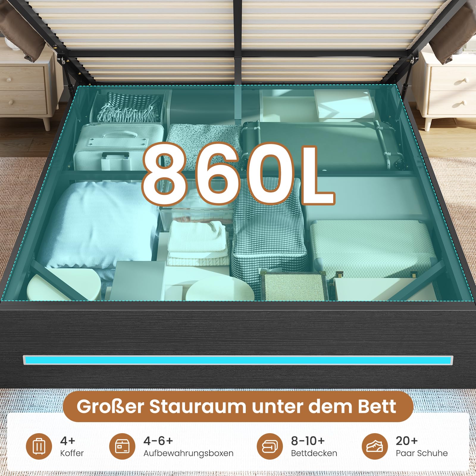 AOGLLATI Bett 140x200 mit Hydraulischem Stauraum & Kopfteil Stauraum Polsterbett Jugendbett mit LED Beleuchtung und Ladestation Doppelbett Bettgestell mit Lattenrost aus Holz(Schwarz, 140x200cm)