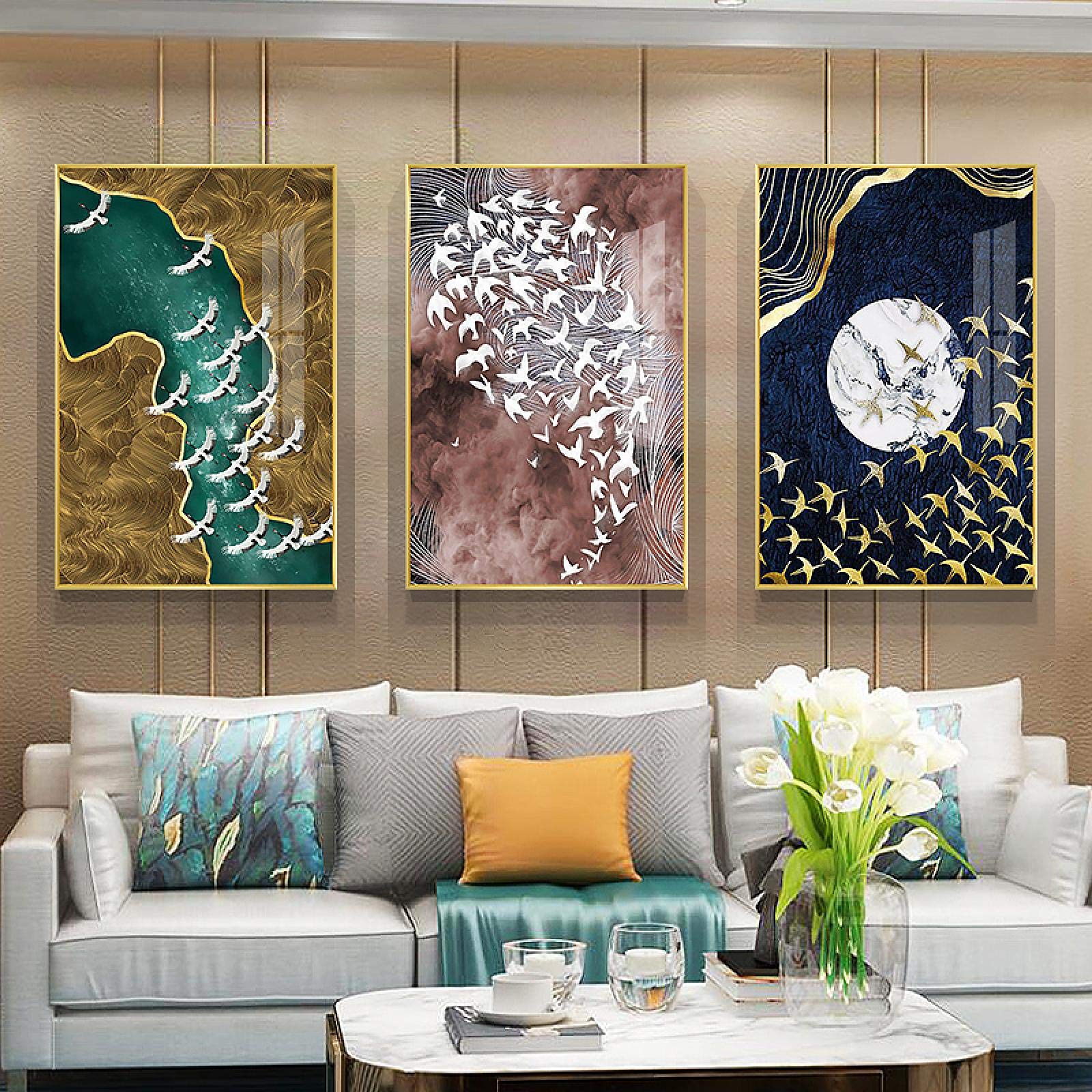 Amazon.co.jp: 抽象的な縁起の良い雲鳥と川キャンバス絵画プリント