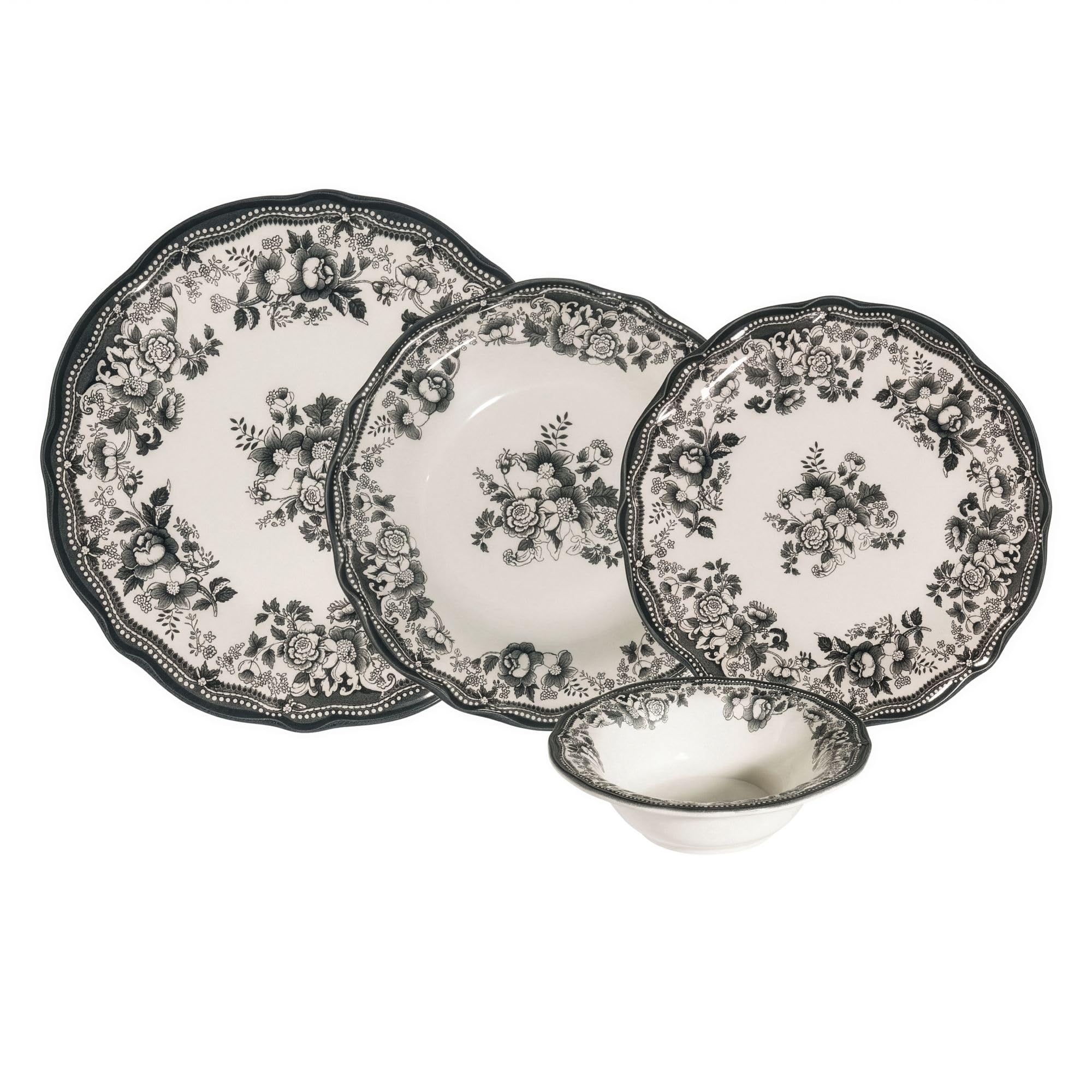 Elegancki 24-częściowy serwis obiadowy, 100% porcelana, biały i antracytowy | w zestawie talerze do serwowania, miski i talerze deserowe | można myć w zmywarce i używać w kuchence mikrofalowej
