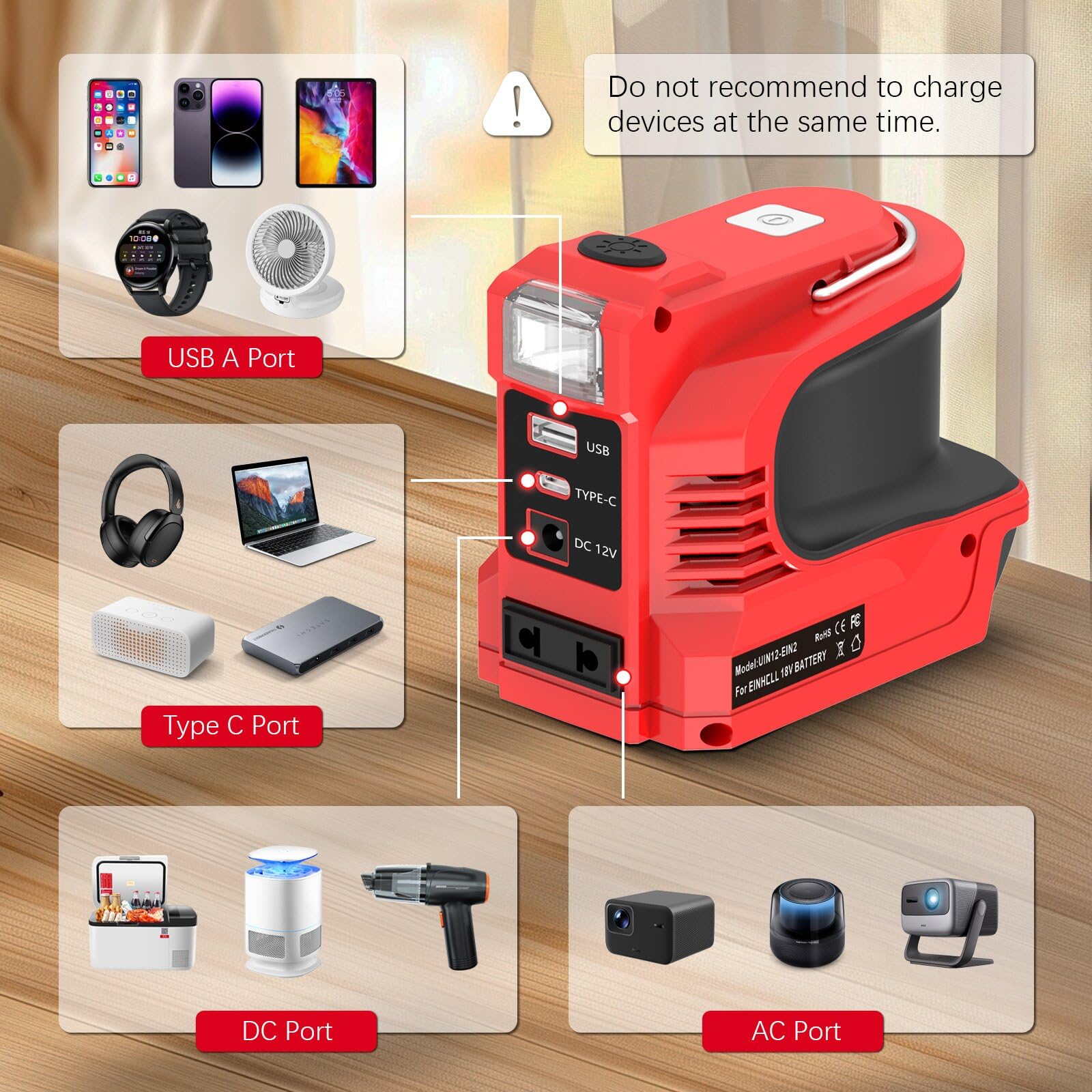 Wechselrichter für Einhell 18V Akku，DC 18V auf AC 220V Spannungswandler Adapter mit Typ-C& USB & DC12V Anschluss und AC Steckdose,Notstromaggregat für Camping(Akku Nicht enthalten)