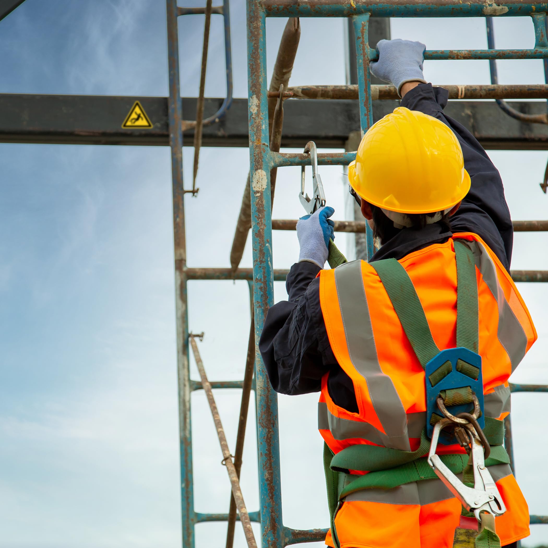 Señal de advertencia de peligro de caída según DIN EN ISO 7010 ASR A1.3 W008 – Pegatina de advertencia autoadhesiva para obras, operaciones, almacenes industriales, señales de seguridad