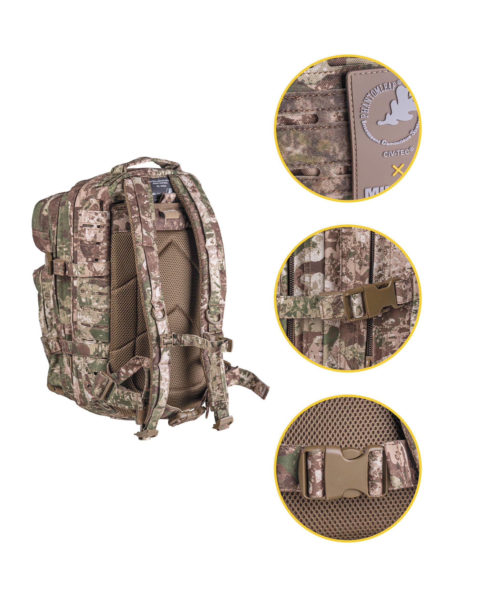 Mil-Tec Unisex Laser Cut Assault Pack - Durable Lightweight Versatile Tactical Outdoor Camping Hiking Backpack with Adjustable Padded Shoulder Straps & Laser-Cut-Loop-System, Phantomleaf WASP/Z2, 20L
