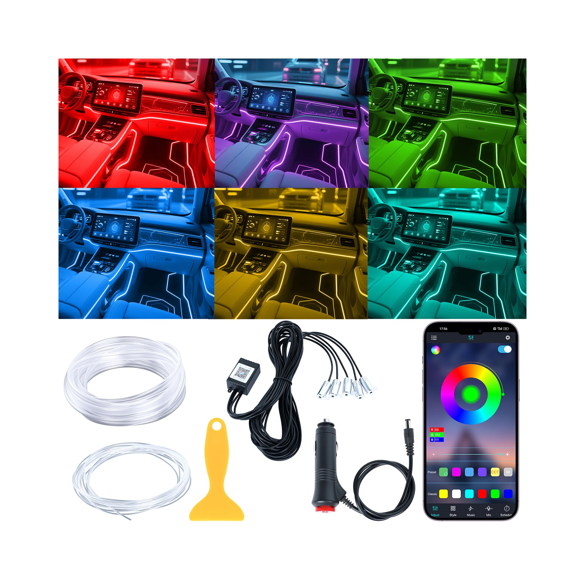 Interior Car LED Lights Wireless APP Control 5 in 1 RGB Ambient Lighting Kit with 236" Fiber Optic, 16 Million Colors Music Sync Waterproof LED Strip Lights for Cars Trucks SUVs Auto Interior Decor