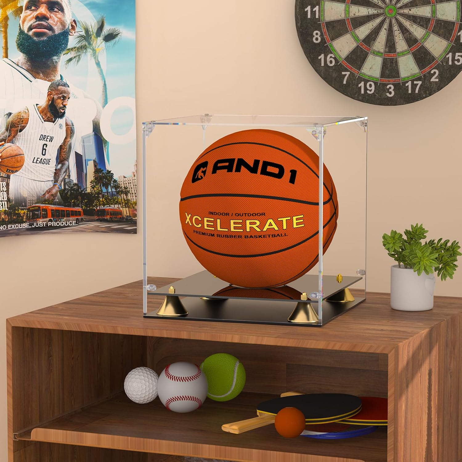 KOLIPI Basketball Display Case, Clear Acrylic Full Size Basketball Case Display with Double Layer Base, Assemble Soccer Showcase, Ball Holder Stand Box Protector for NBA WNBA Signed Ball Memorabilia