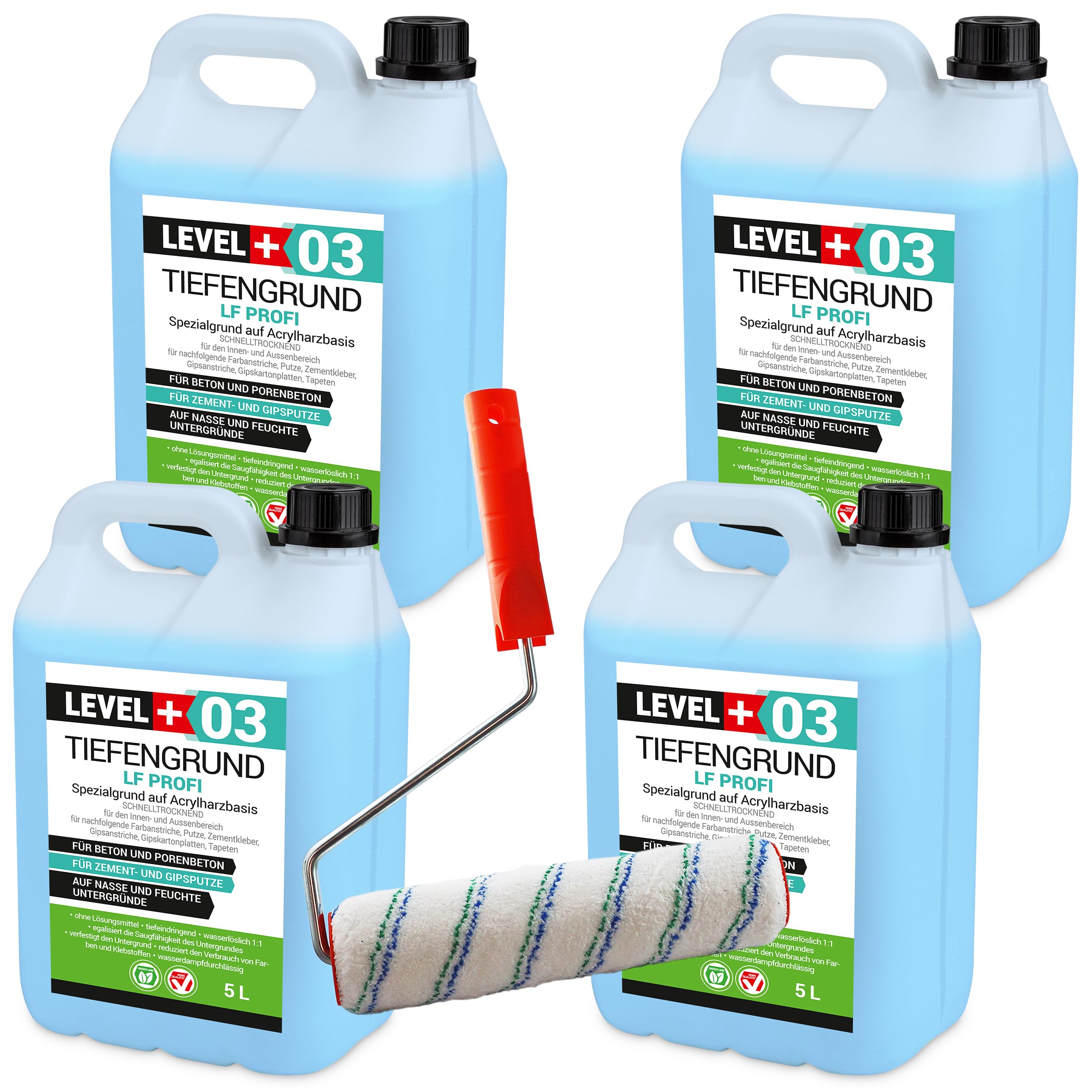 03 Tiefengrund Profi 20L, Voranstrich unter Dichtmembranen, Klebstoffe, Tiefengrundkonzentrat Wasserlässlich 1:1 + Farbroller Mikrofaser 25cm mit Bügel Set